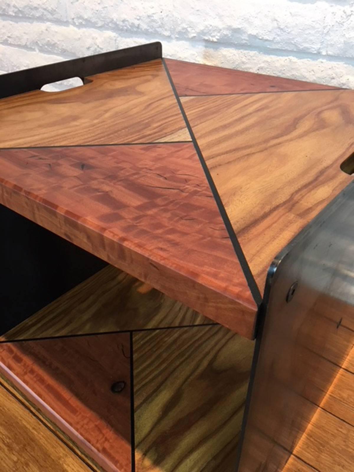 Steel, Rosewood and Eucalyptus Side Table For Sale 1