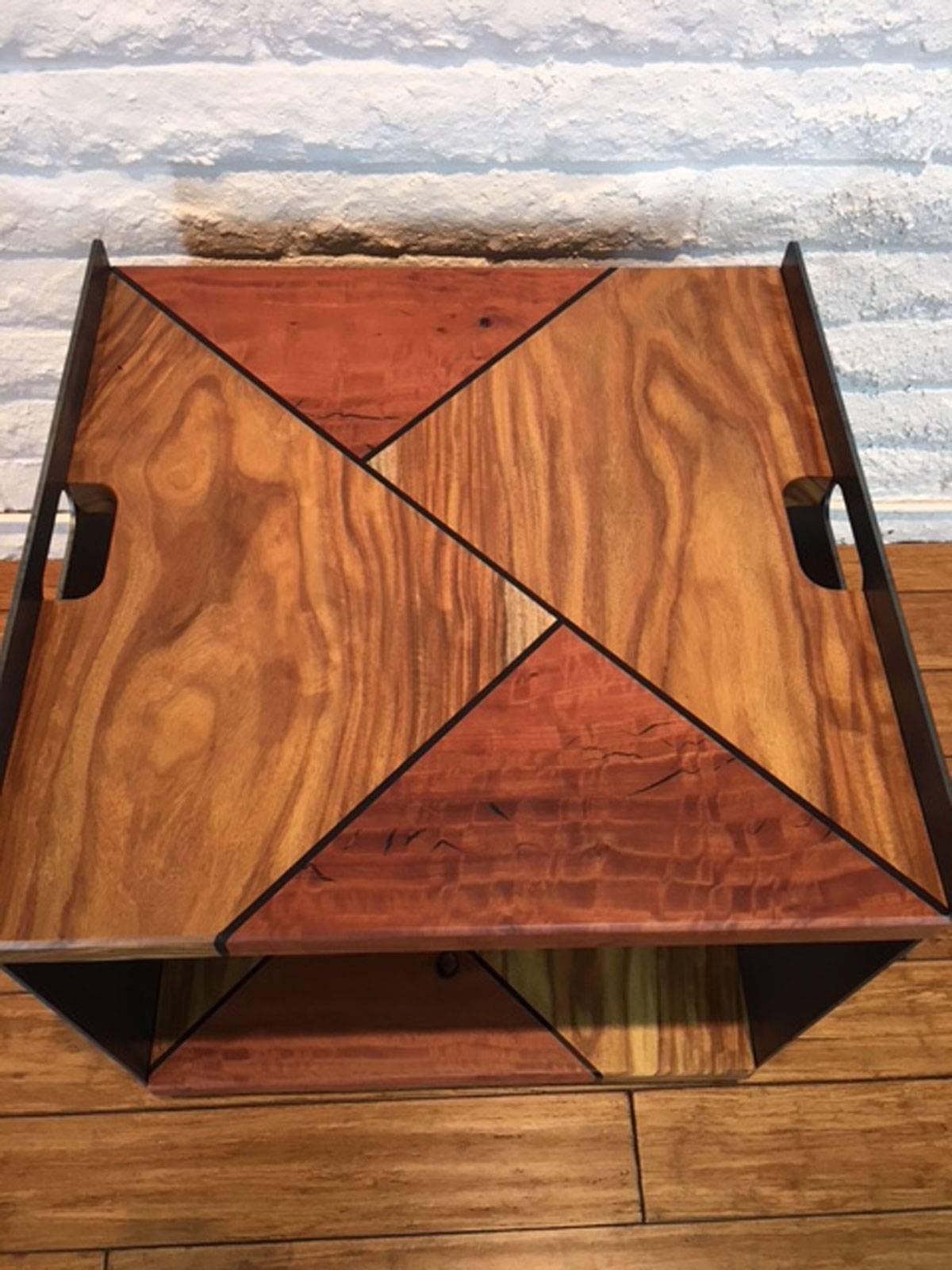 Steel, Rosewood and Eucalyptus Side Table For Sale 2