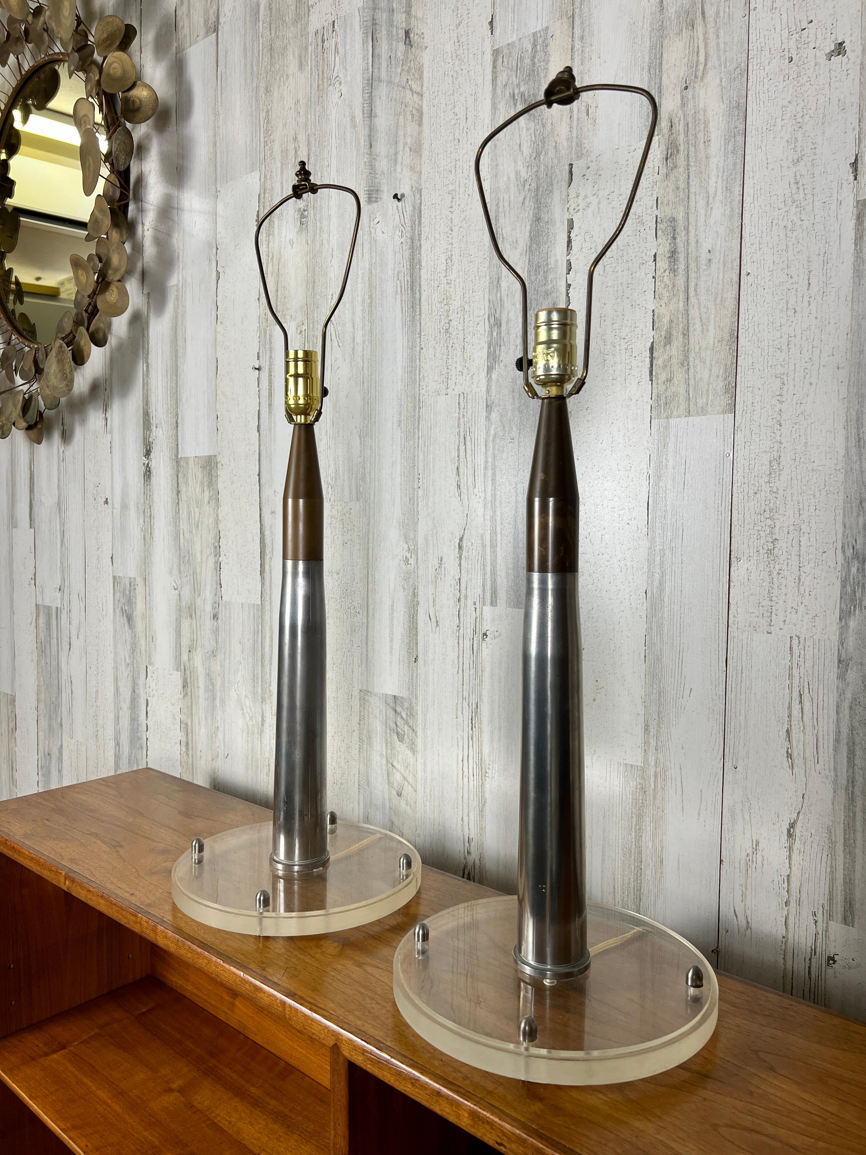Modern Steel, Brass and Lucite Artillery Shell Lamps For Sale