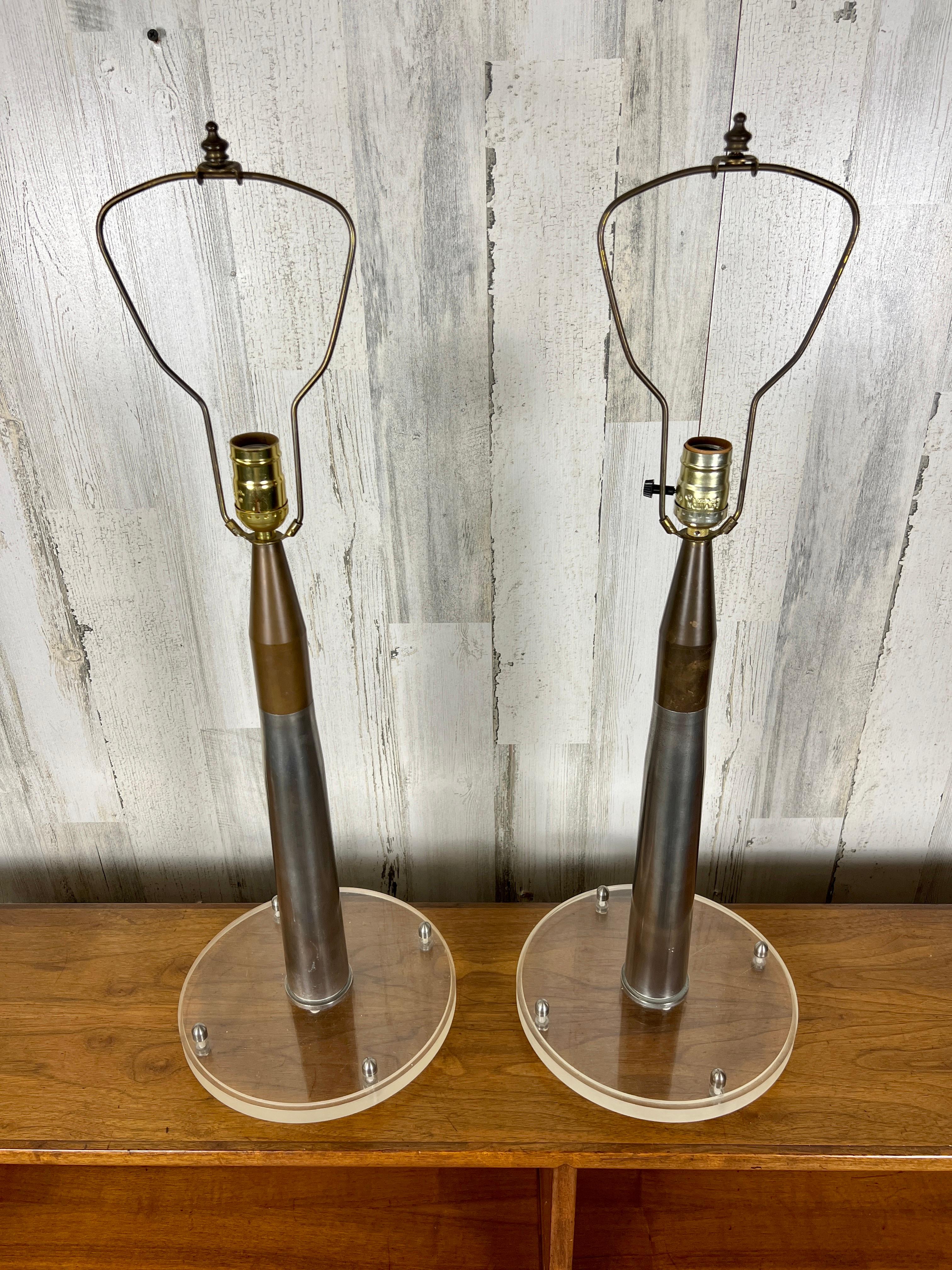 20th Century Steel, Brass and Lucite Artillery Shell Lamps For Sale
