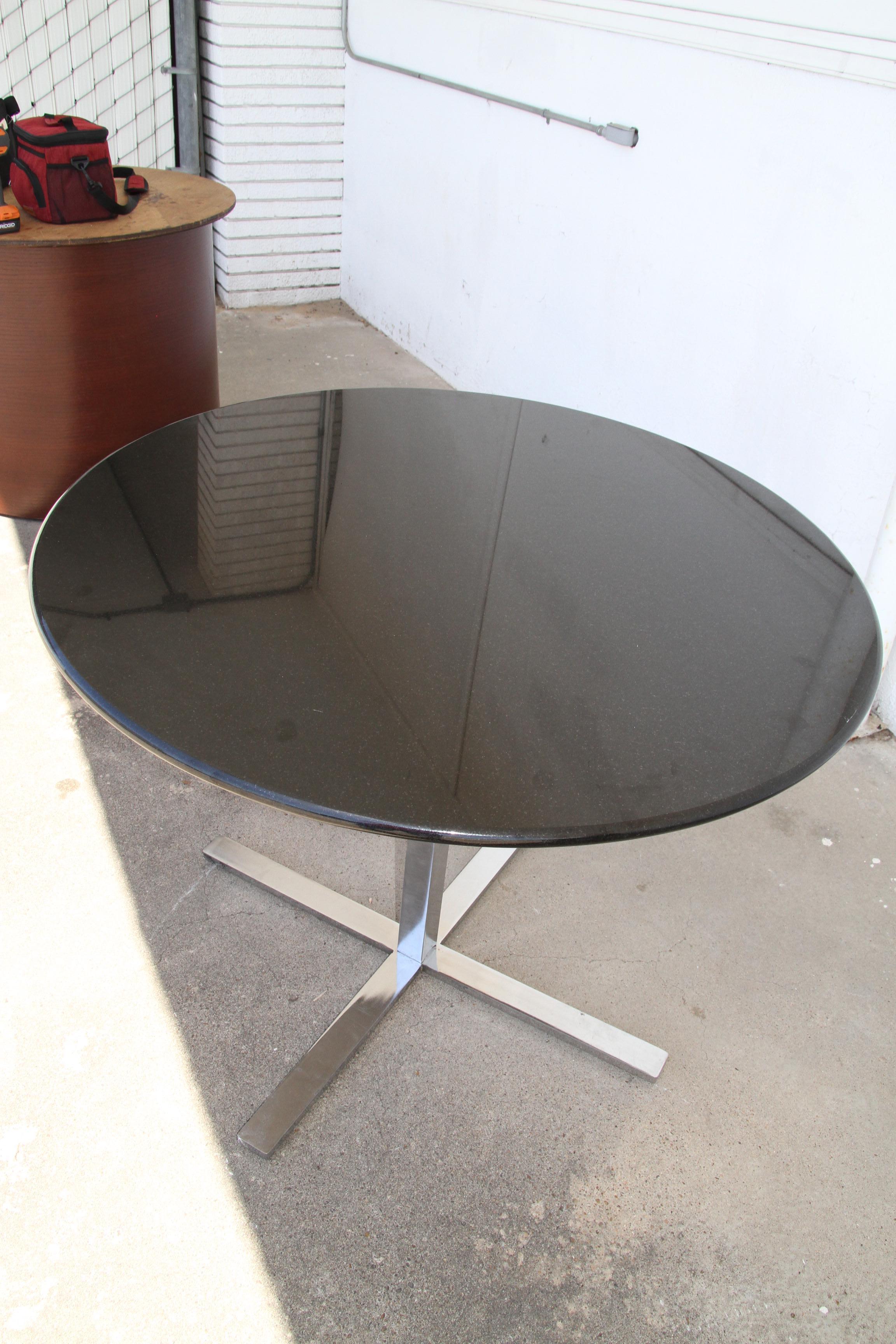 Mid-Century Modern Steelcase 38” Diameter Round Granite Table with Stainless Base  For Sale