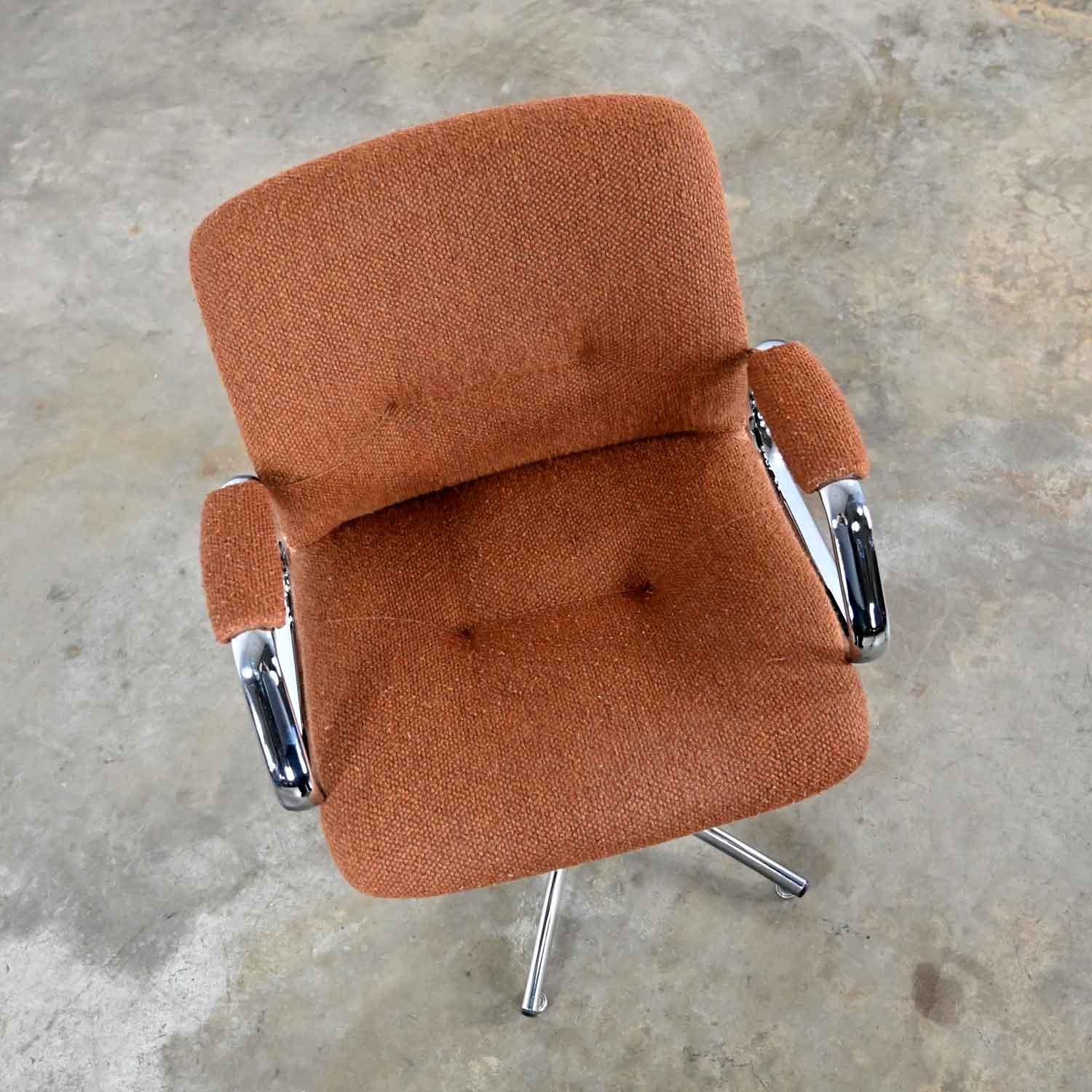 Fabric Steelcase Chrome Brown Upholstery Swivel Chair Model #454 Style Charles Pollock