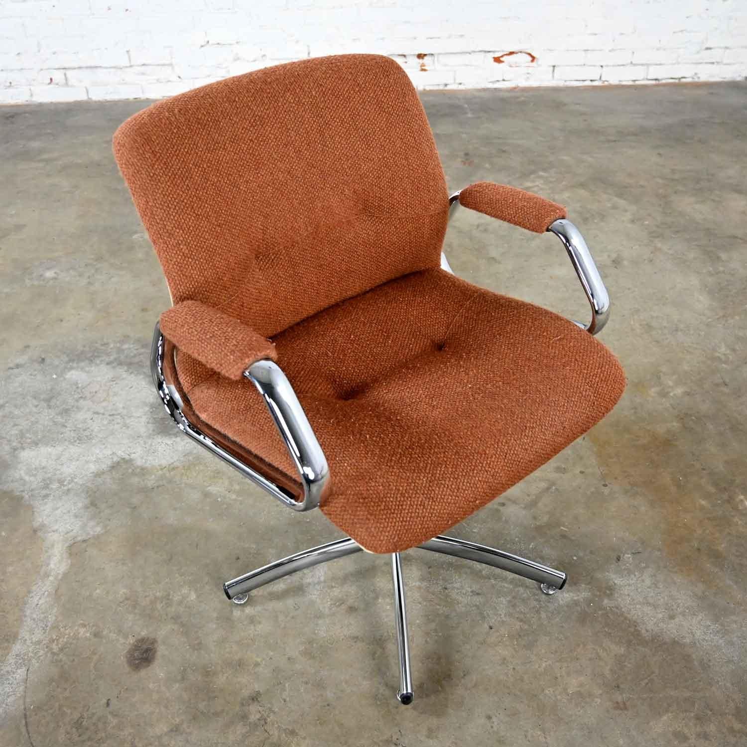 Steelcase Chrome Brown Upholstery Swivel Chair Model #454 Style Charles Pollock 3