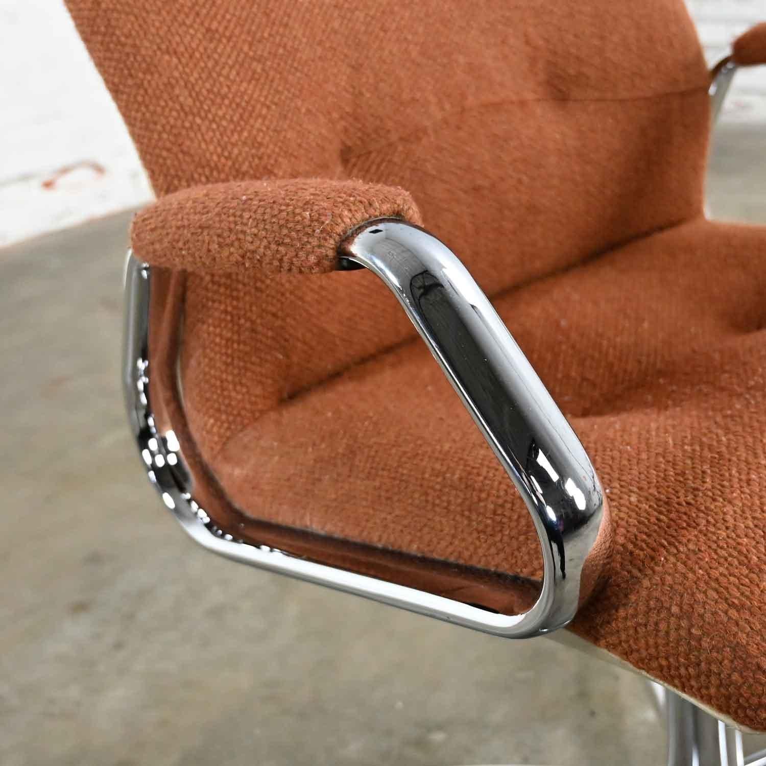 Steelcase Chrome Brown Upholstery Swivel Chair Model #454 Style Charles Pollock 5