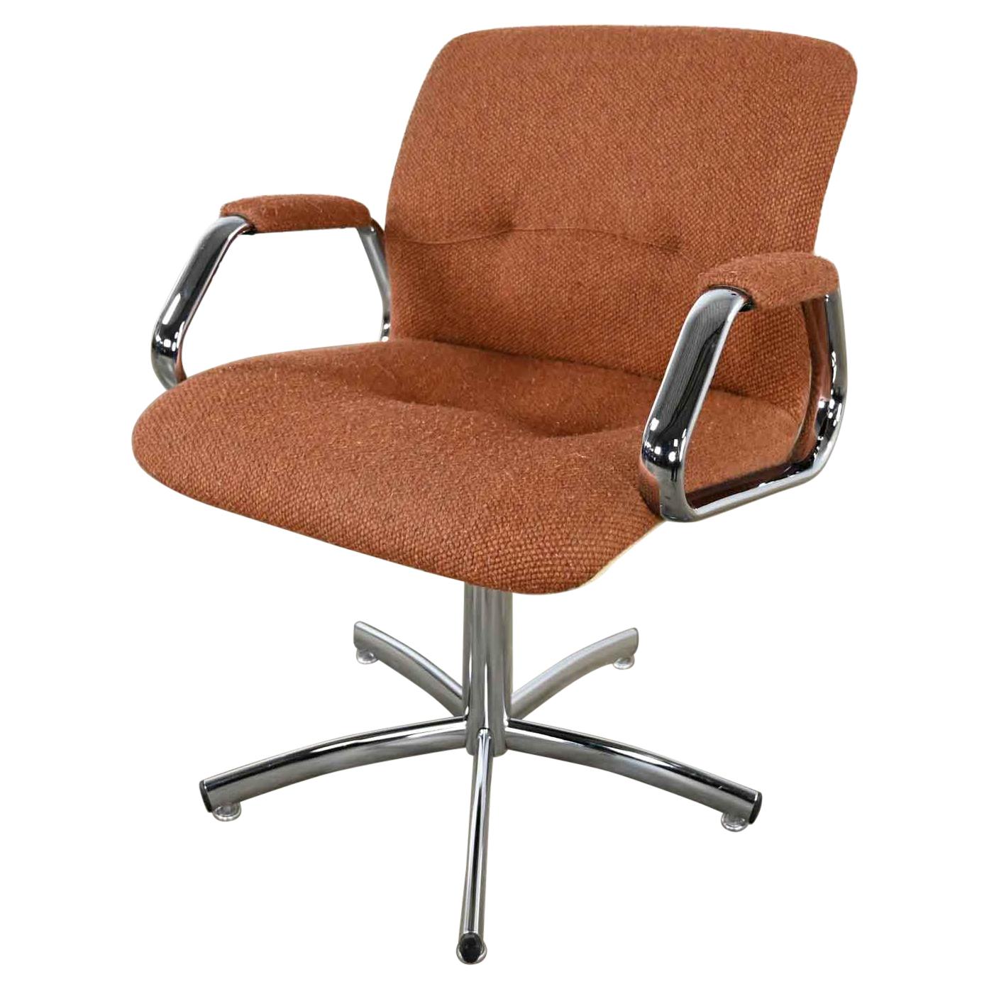 Steelcase Chrome Brown Upholstery Swivel Chair Model #454 Style Charles Pollock