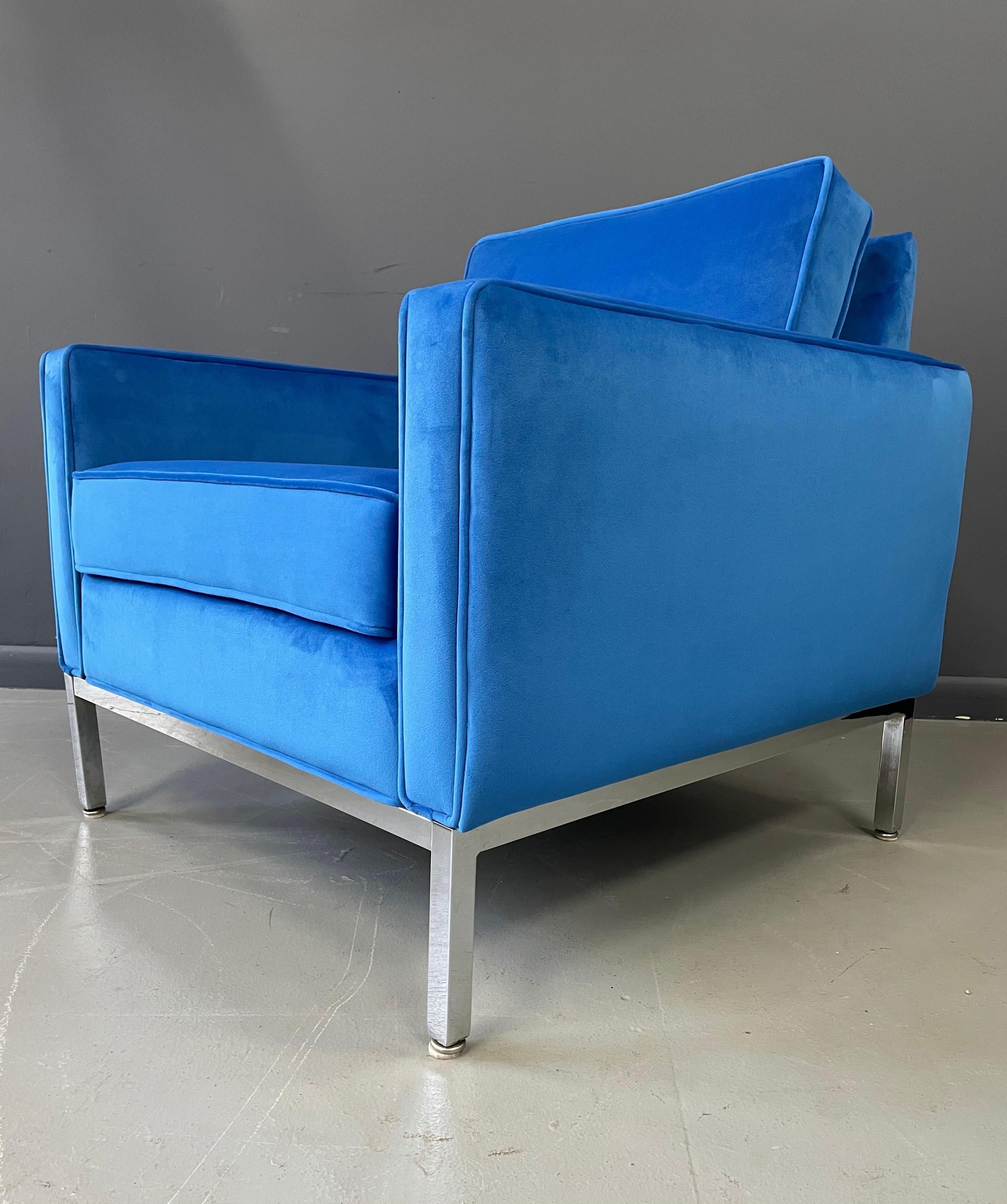 Mid-Century Modern Steelcase Chromed Steel Lounge Chair Draped in Blue Velvet Midcentury For Sale