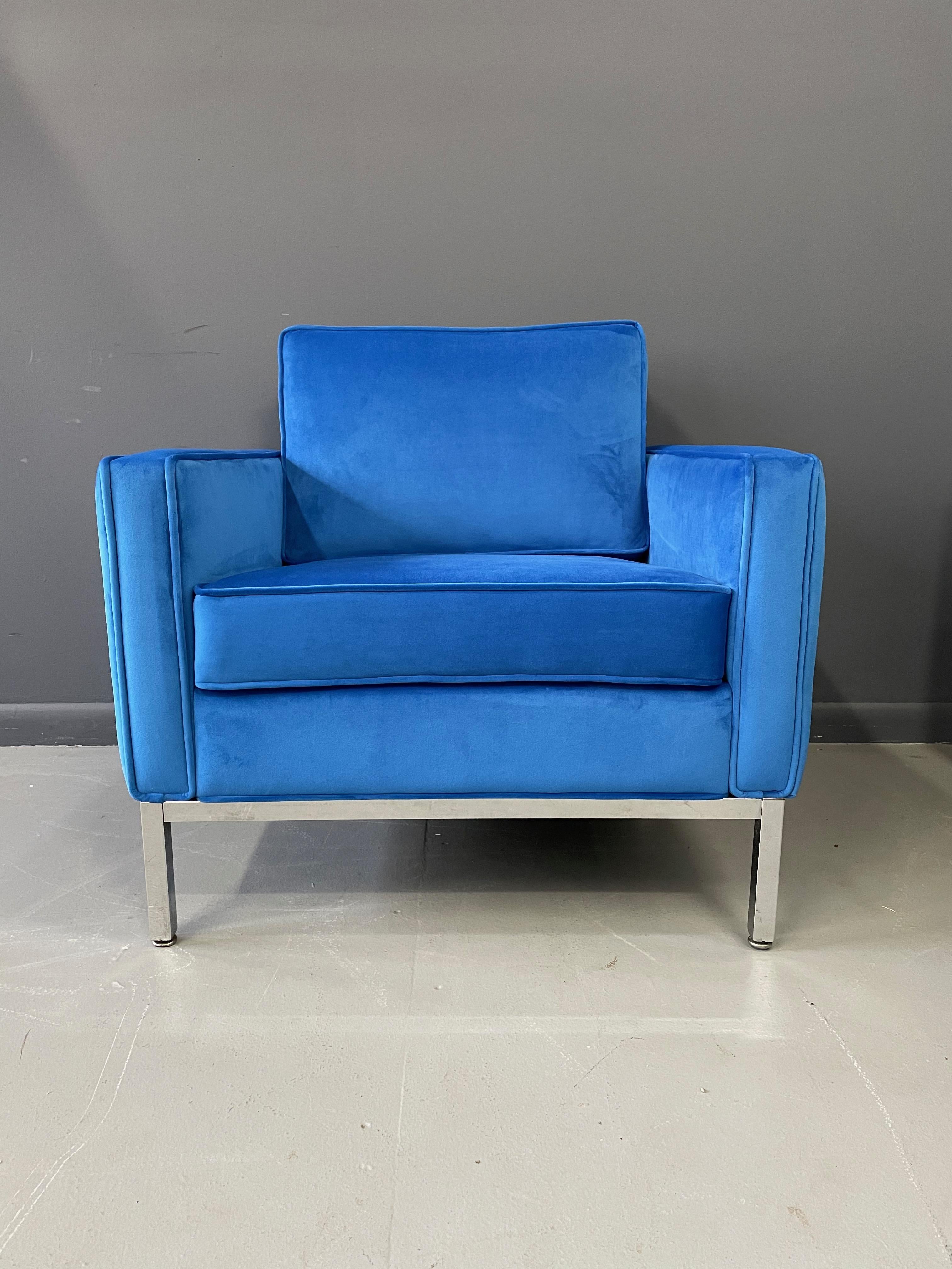 North American Steelcase Chromed Steel Lounge Chair Draped in Blue Velvet Midcentury For Sale