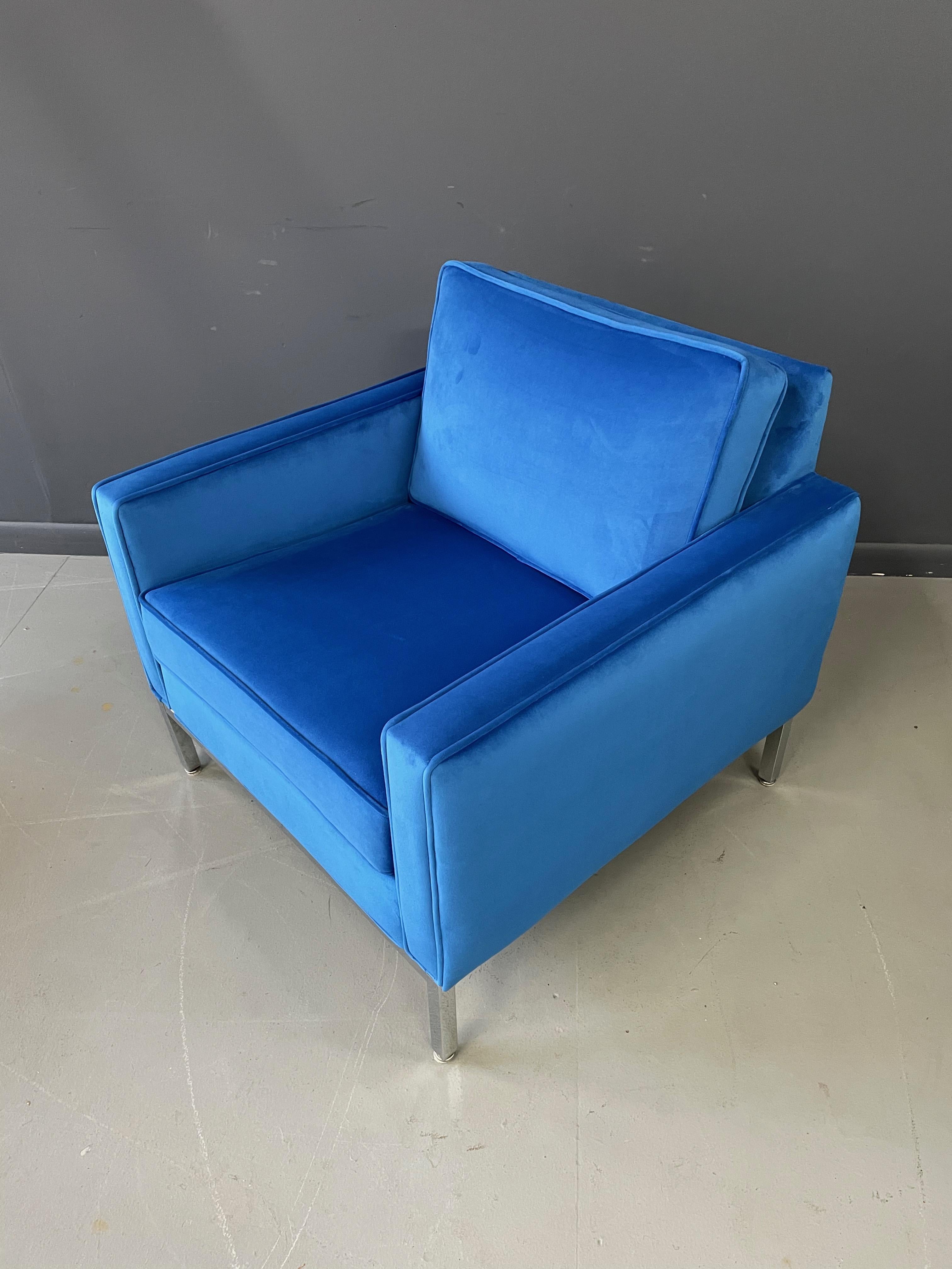 Steelcase Chromed Steel Lounge Chair Draped in Blue Velvet Midcentury In Excellent Condition For Sale In Philadelphia, PA