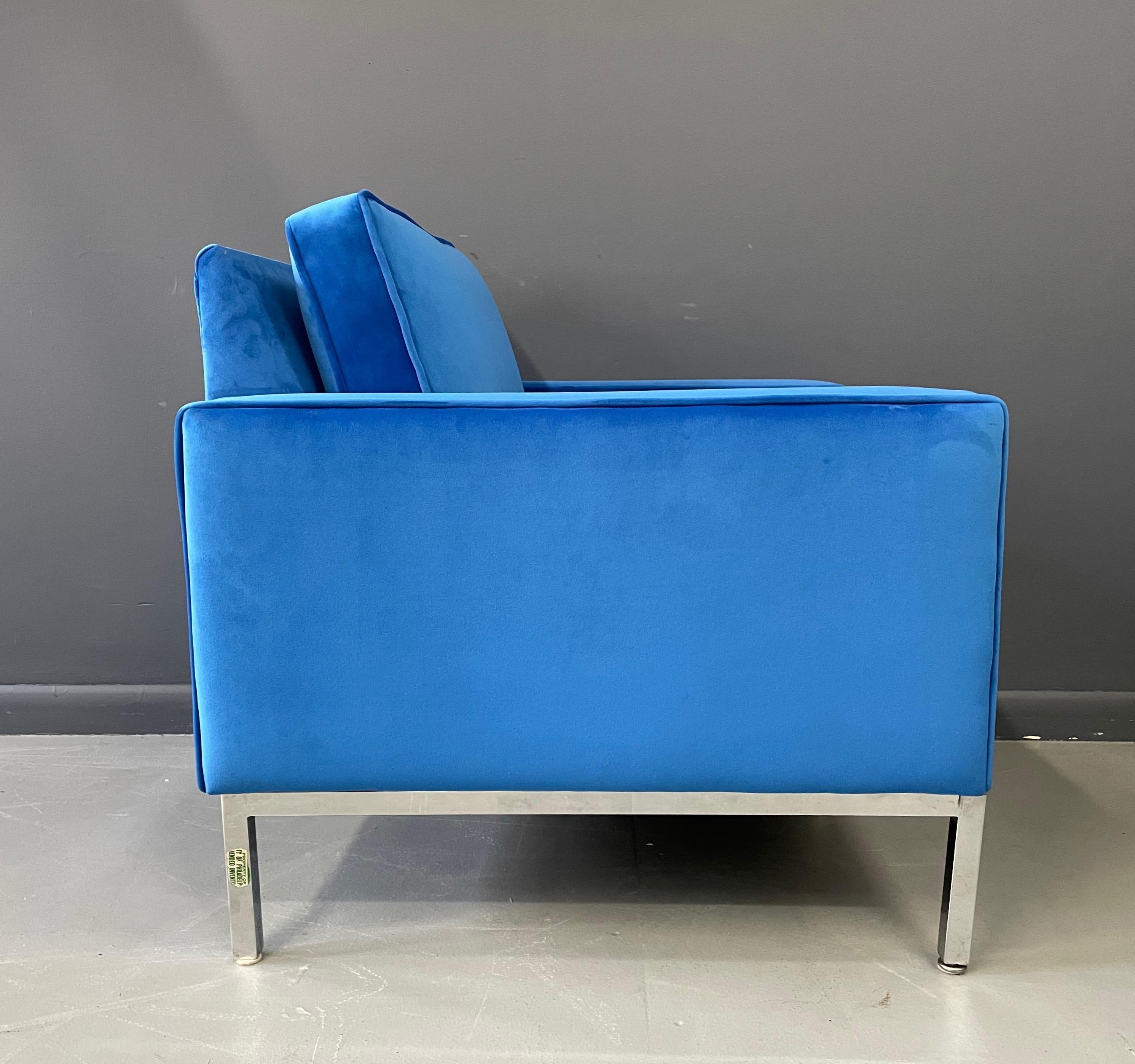 20th Century Steelcase Chromed Steel Lounge Chair Draped in Blue Velvet Midcentury For Sale