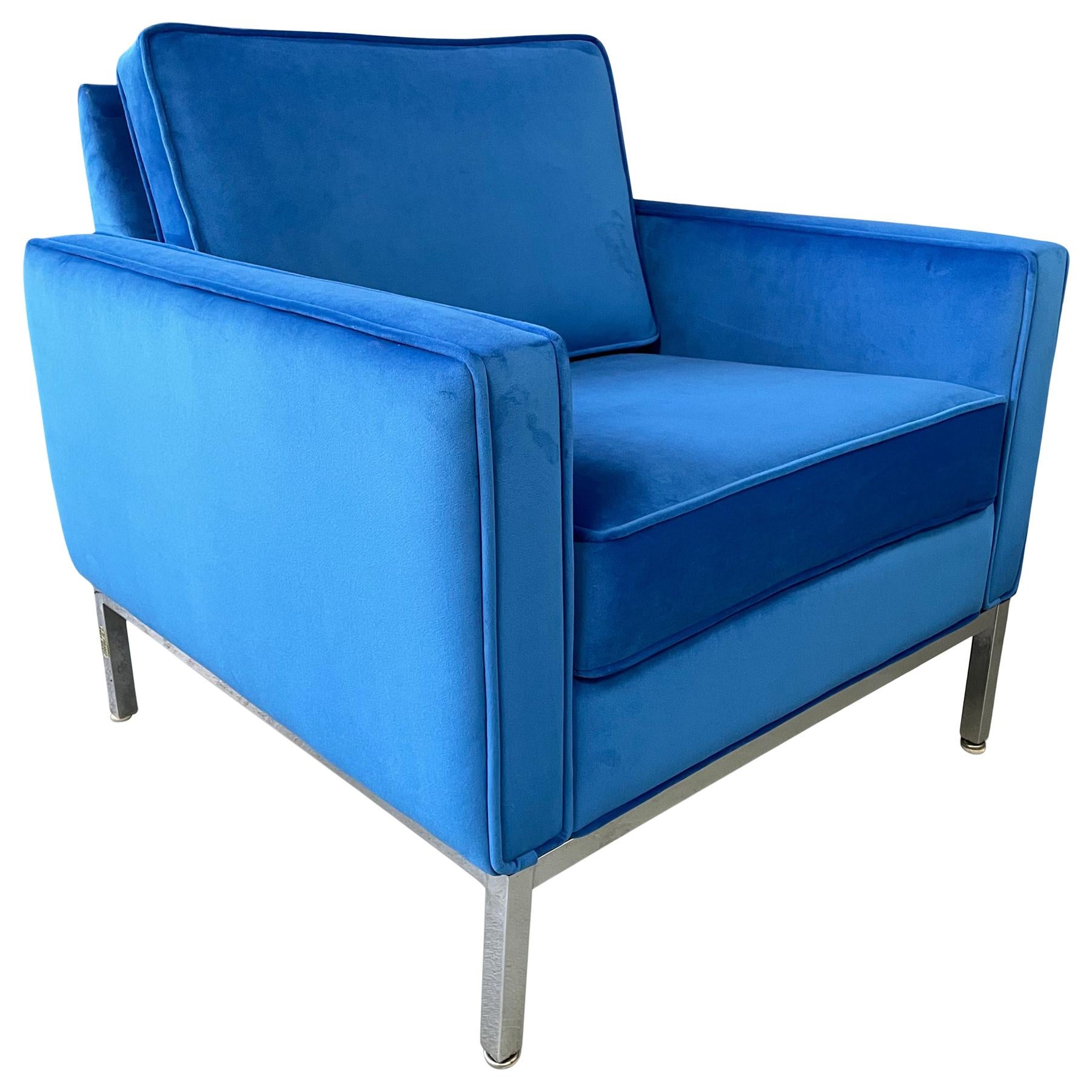 Steelcase Chromed Steel Lounge Chair Draped in Blue Velvet Midcentury For Sale