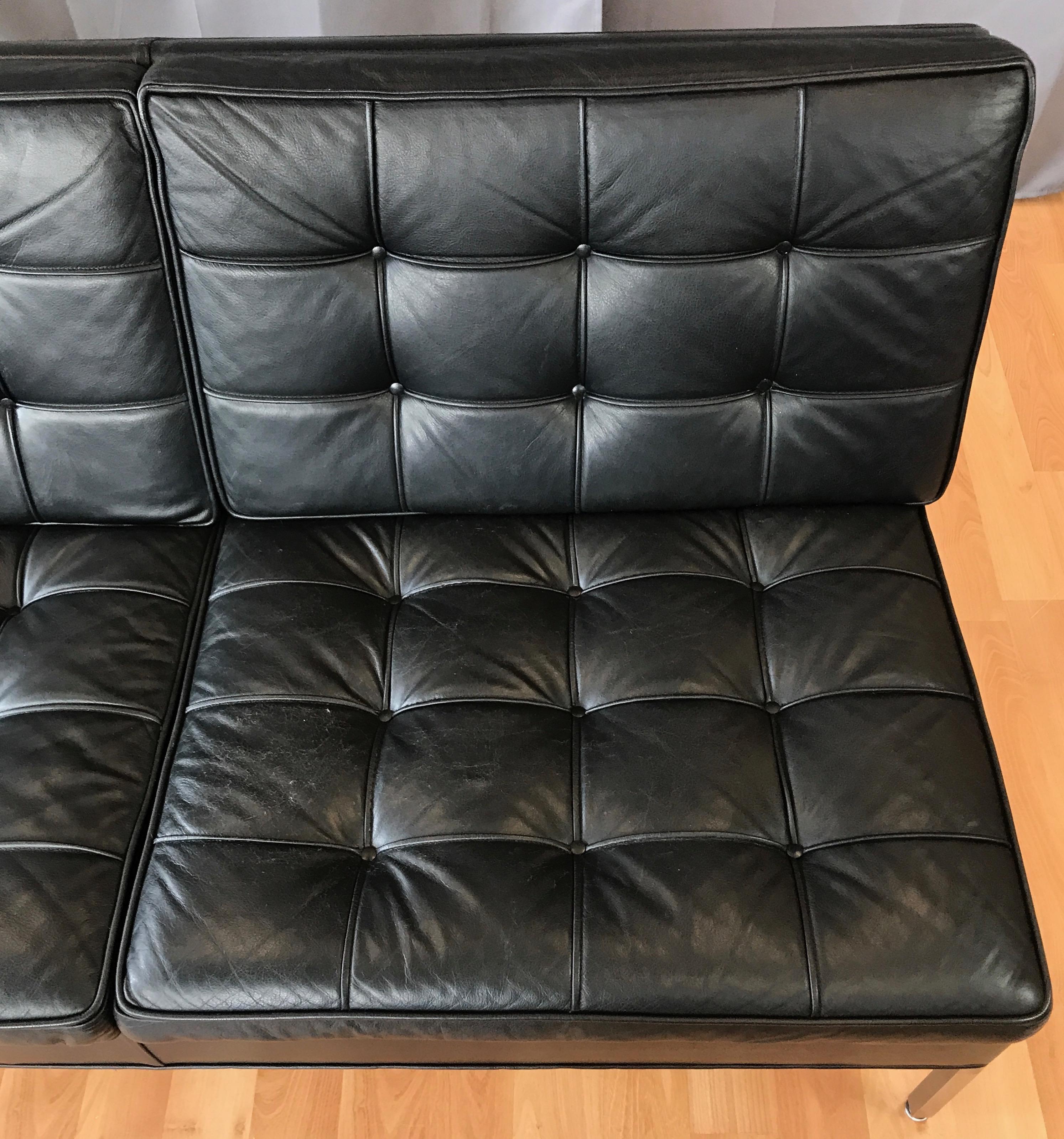 Steelcase Florence Knoll-Style Extra-Long Tufted Black Leather Sofa, 1960s 3