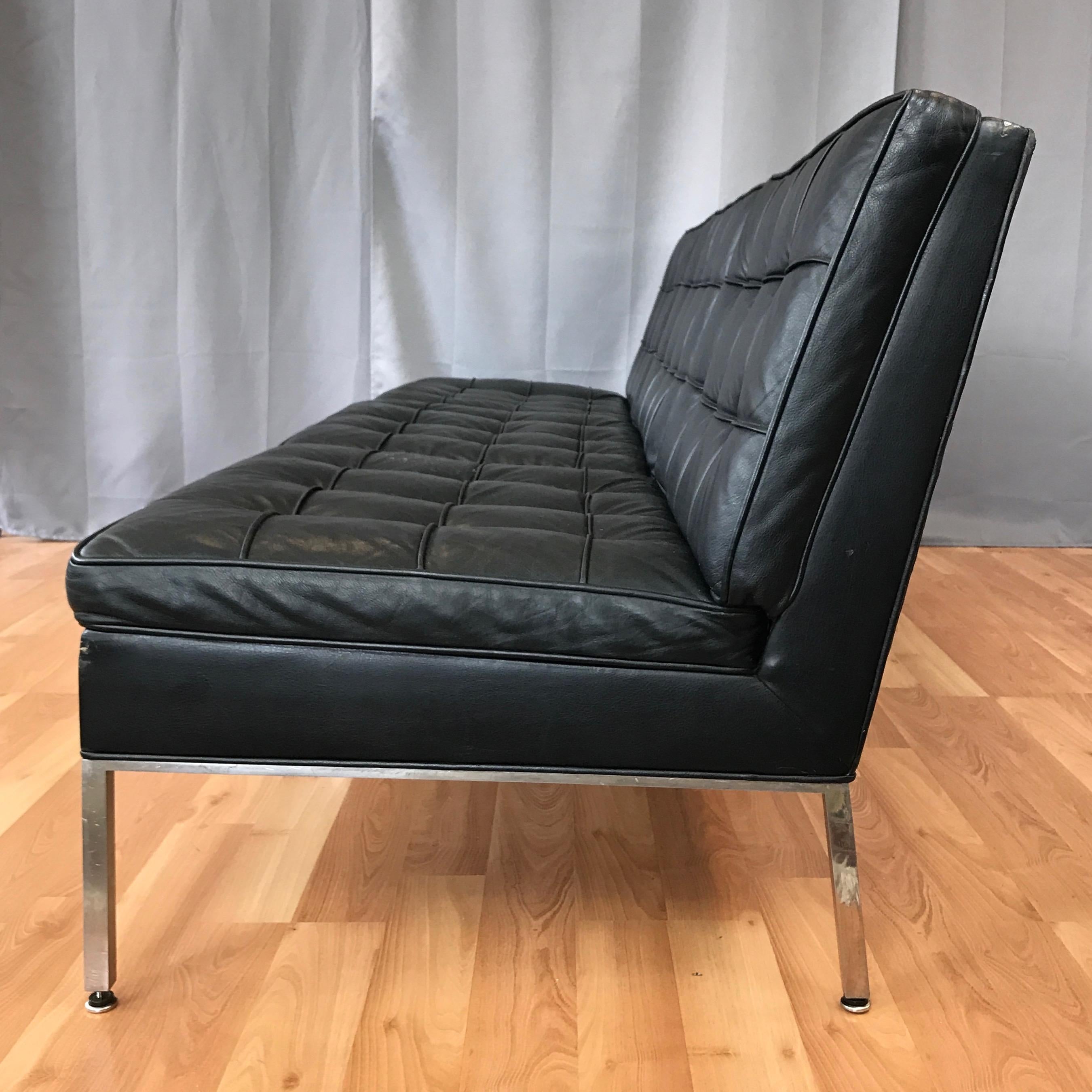 Mid-Century Modern Steelcase Florence Knoll-Style Extra-Long Tufted Black Leather Sofa, 1960s