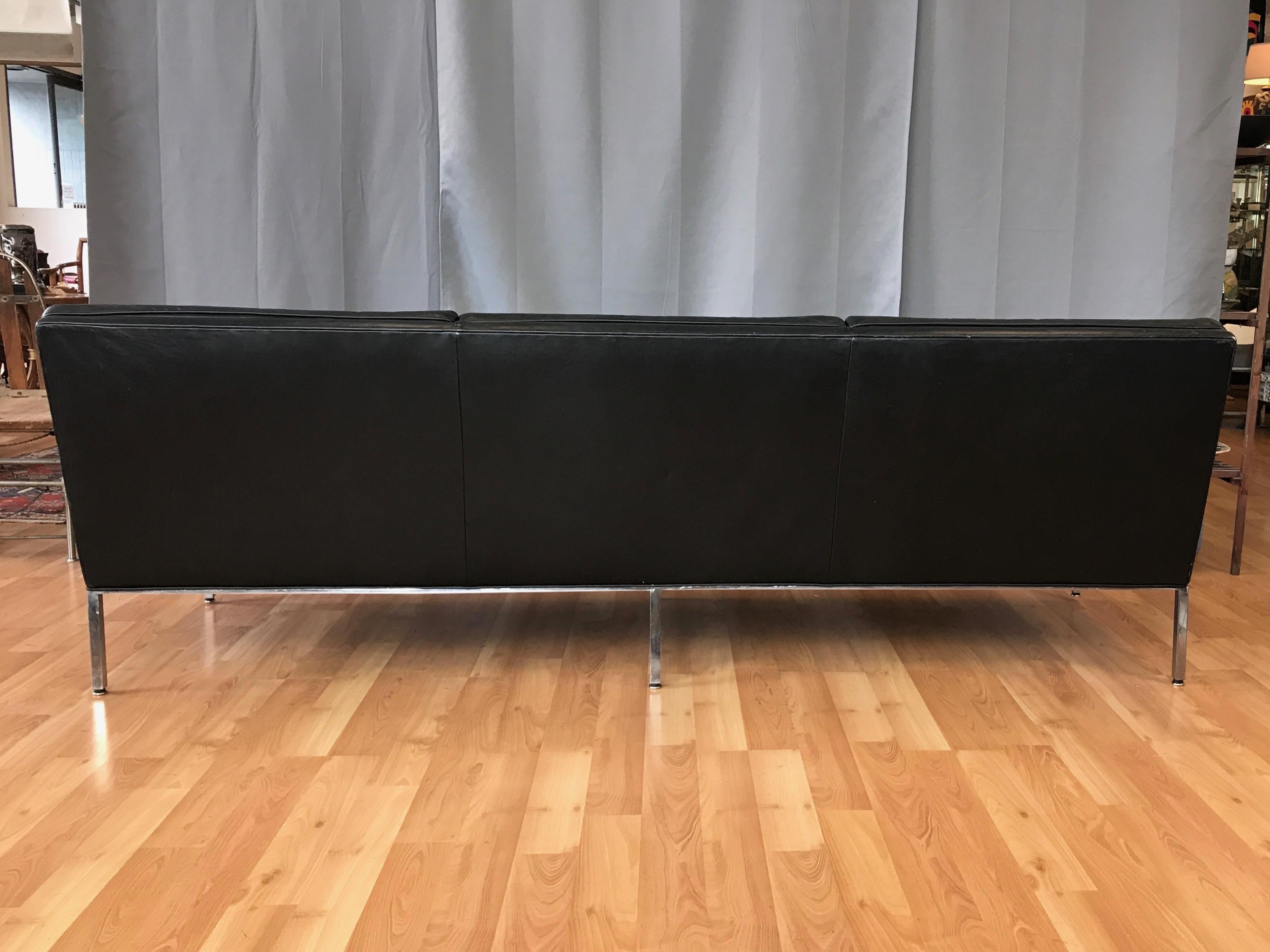 American Steelcase Florence Knoll-Style Extra-Long Tufted Black Leather Sofa, 1960s