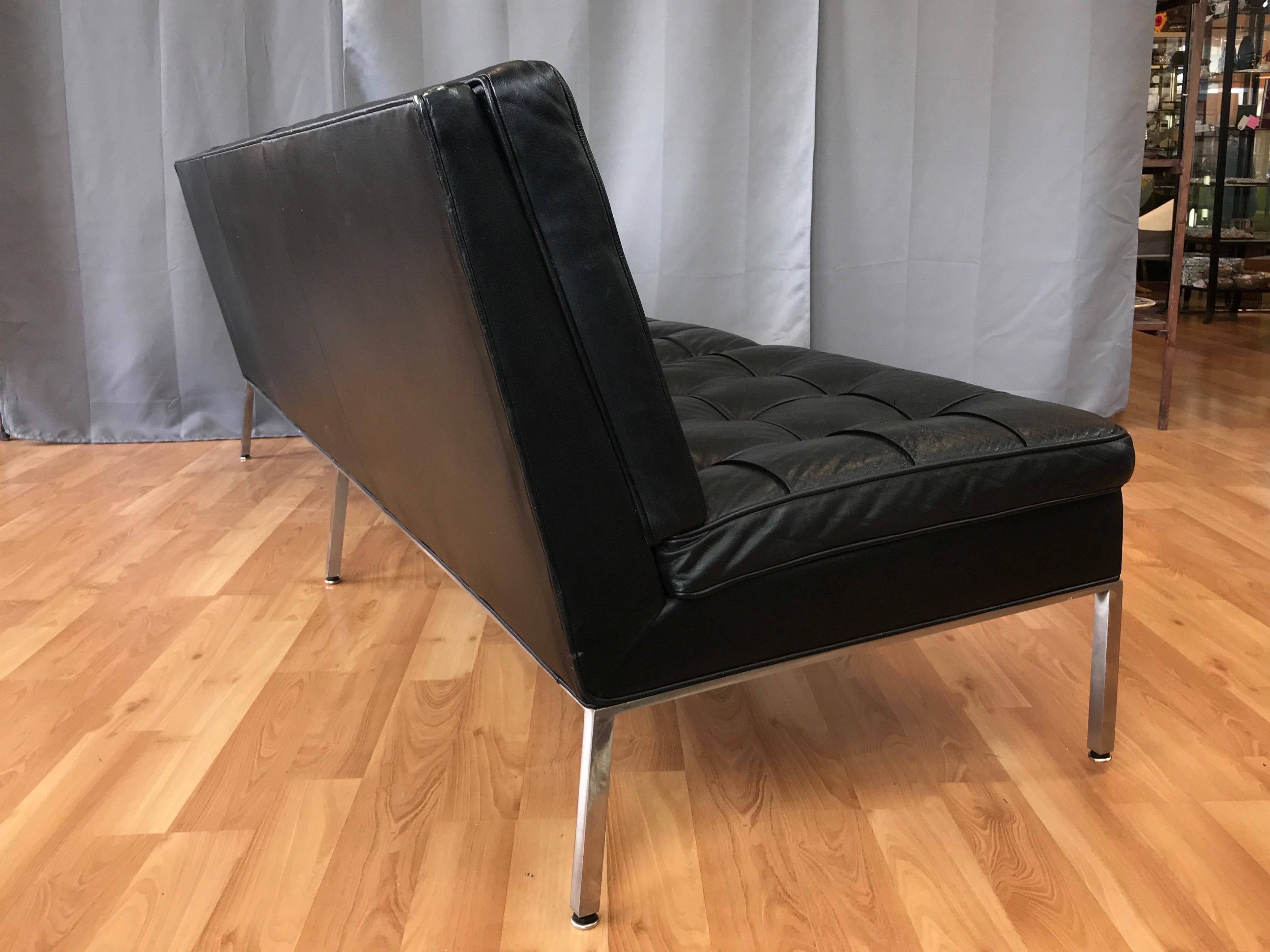 Polished Steelcase Florence Knoll-Style Extra-Long Tufted Black Leather Sofa, 1960s