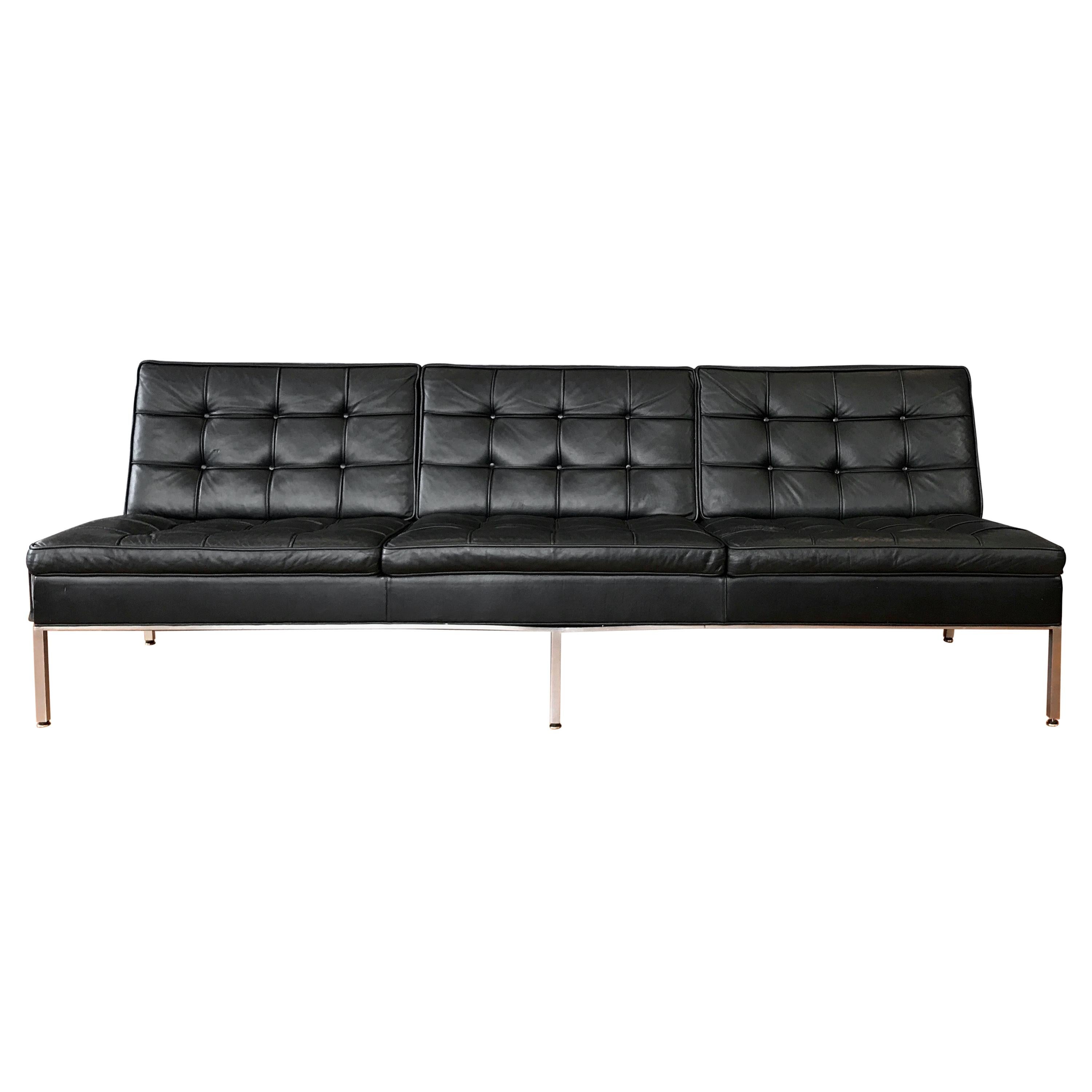 Steelcase Florence Knoll-Style Extra-Long Tufted Black Leather Sofa, 1960s