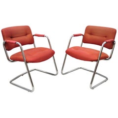 Steelcase Mid-Century Modern Tubular Chrome Red Upholstered Arm Lounge Chairs A