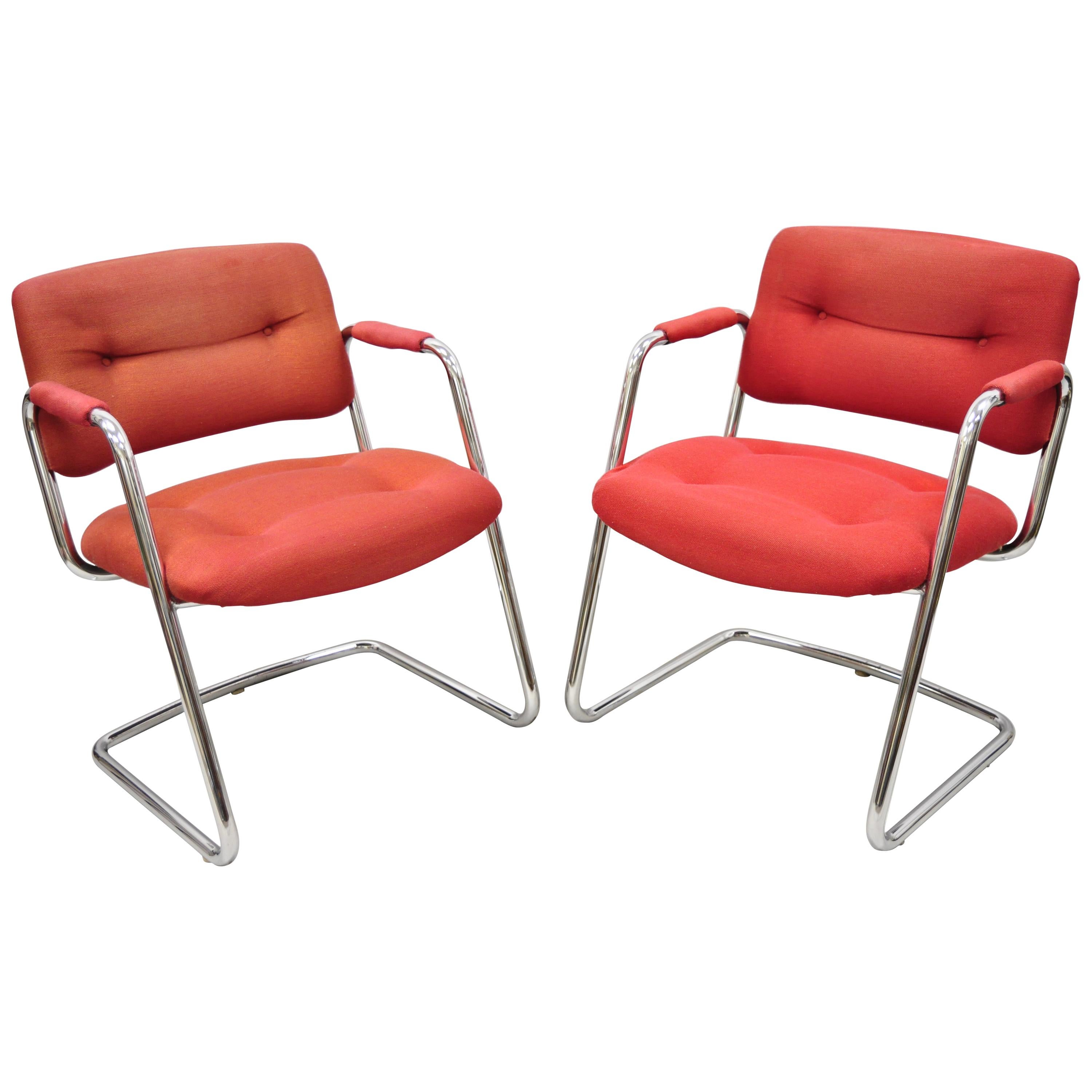 Steelcase Mid-Century Modern Tubular Chrome Red Upholstered Arm Lounge Chairs B
