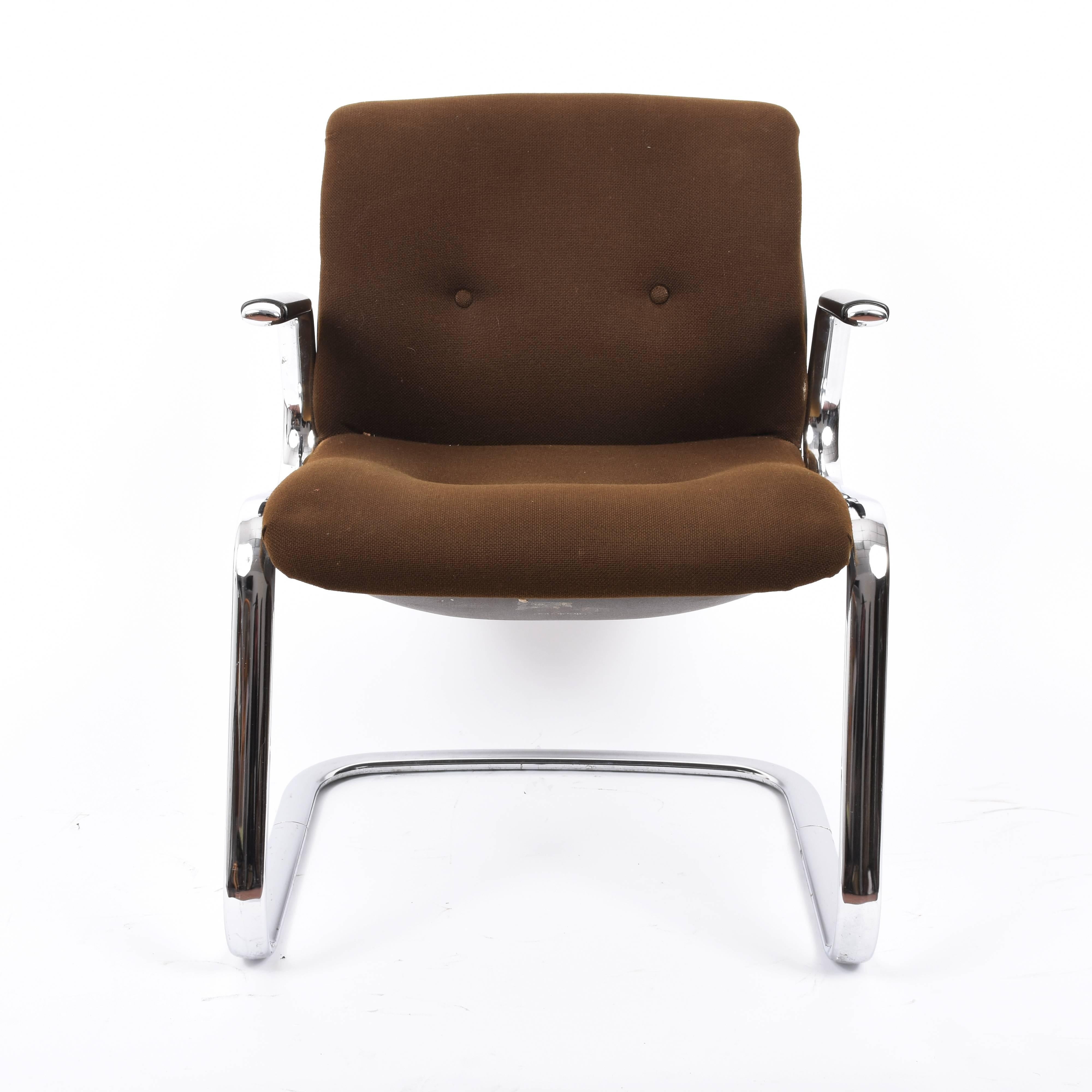 Steelcase Midcentury Chromed Steel and Brown Fabric American Armchairs, 1980s 7