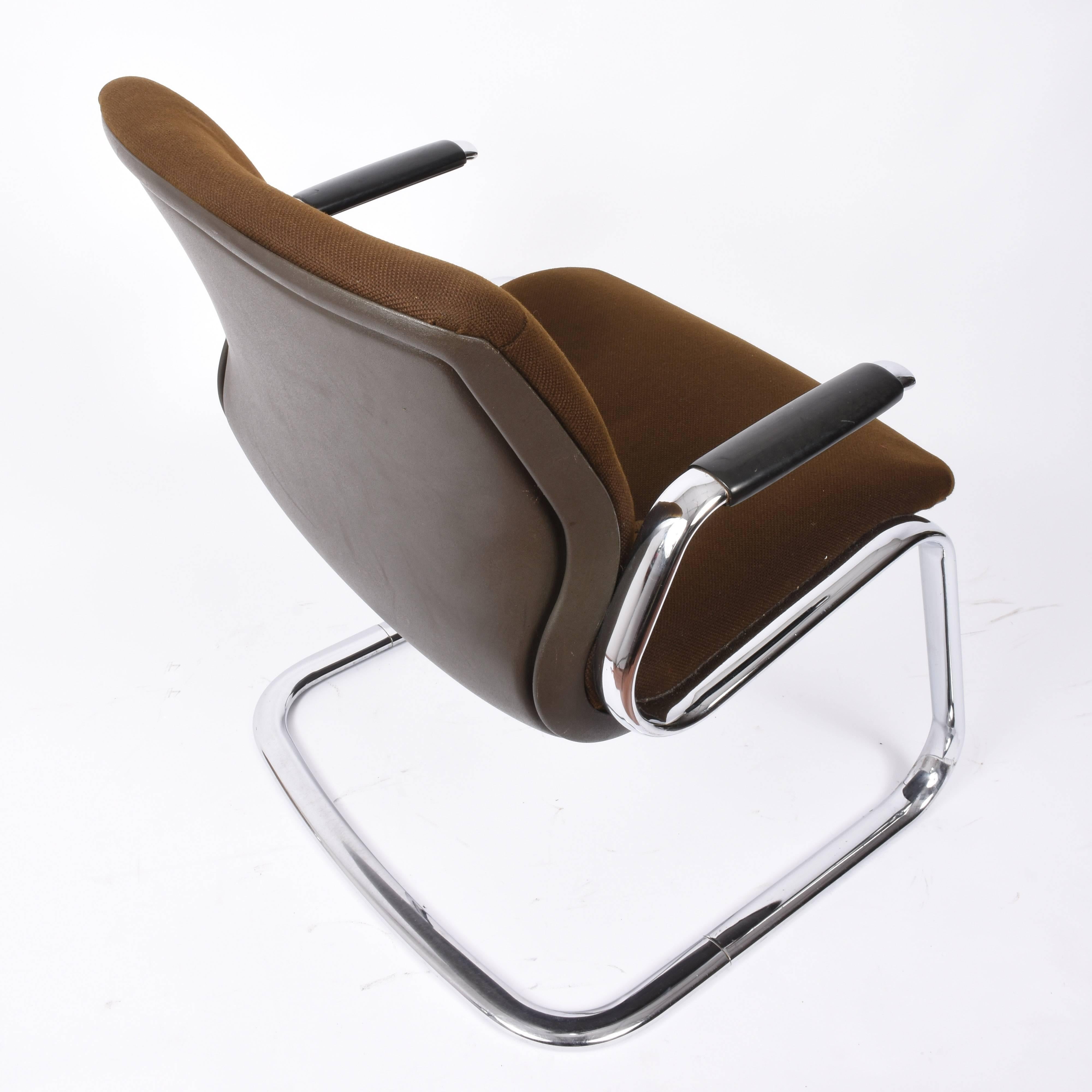 Steelcase Midcentury Chromed Steel and Brown Fabric American Armchairs, 1980s 9