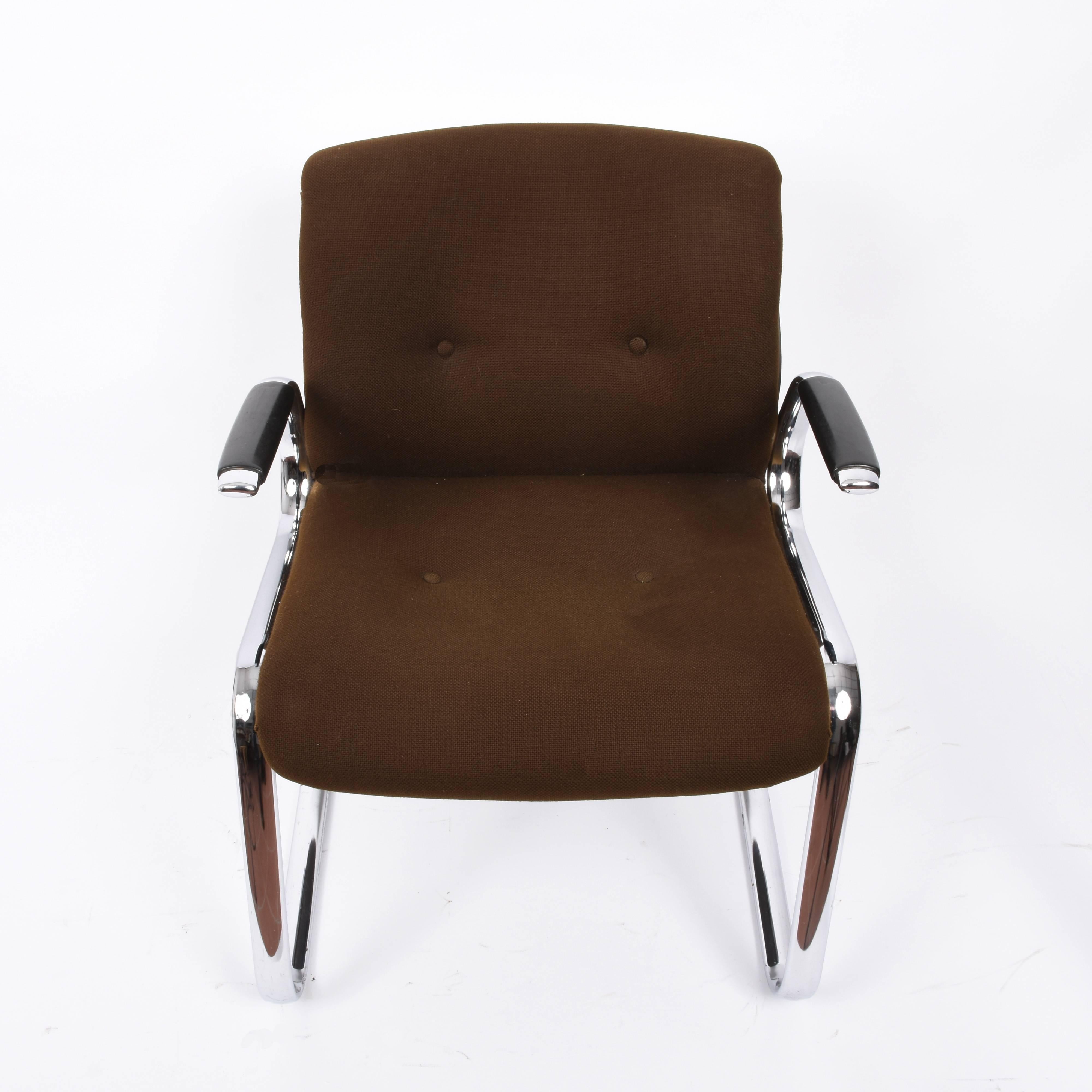 Mid-Century Modern Steelcase Midcentury Chromed Steel and Brown Fabric American Armchairs, 1980s