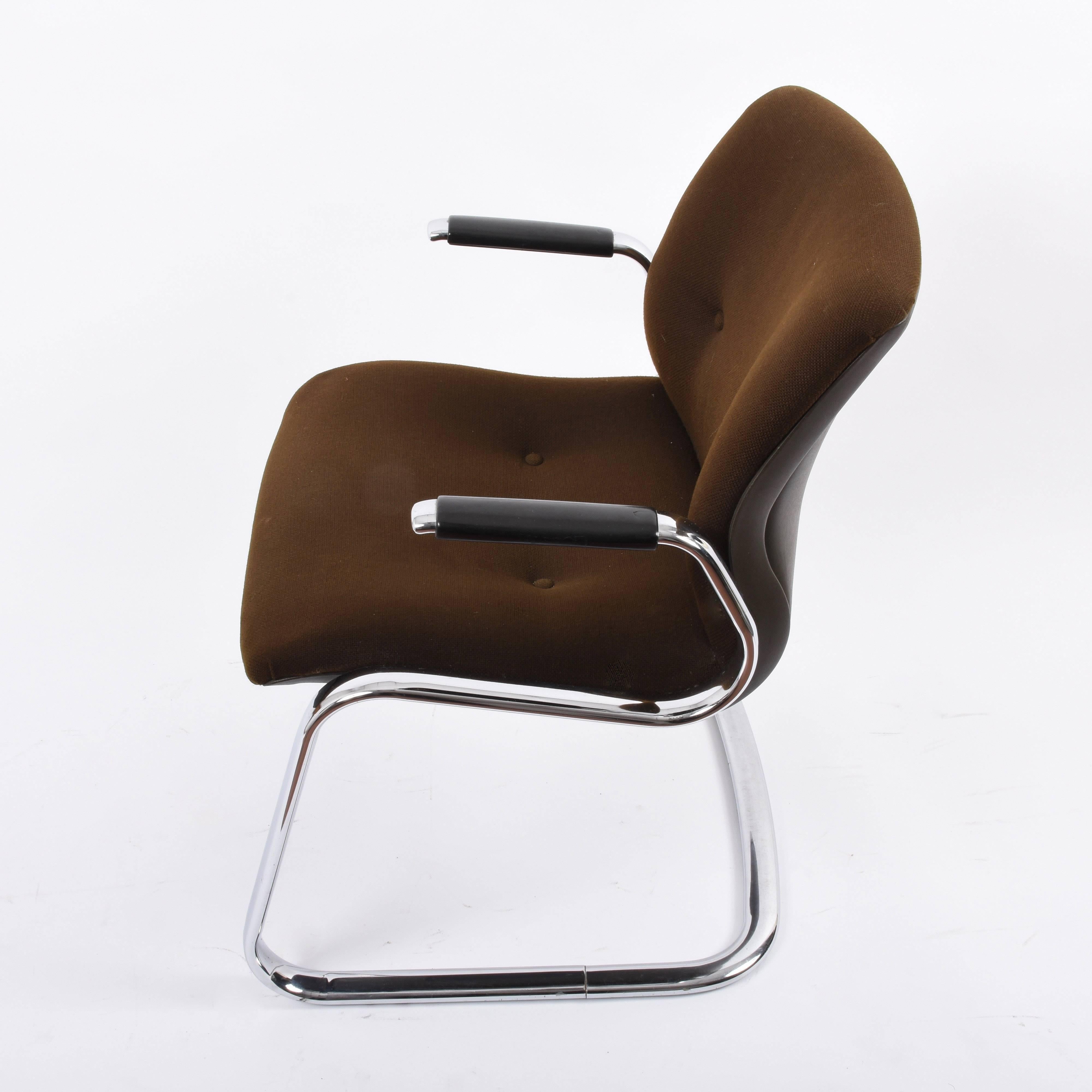 20th Century Steelcase Midcentury Chromed Steel and Brown Fabric American Armchairs, 1980s