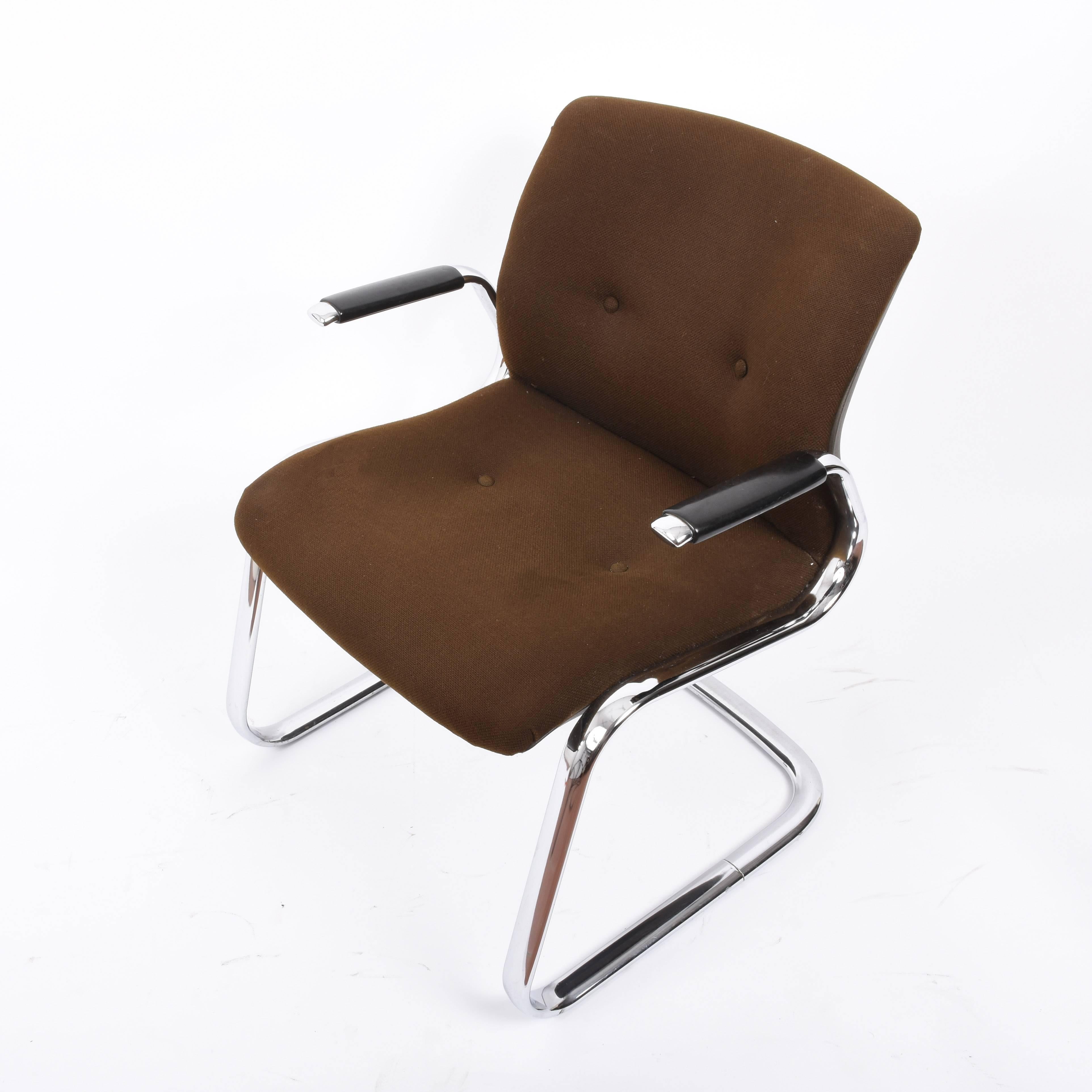 Steelcase Midcentury Chromed Steel and Brown Fabric American Armchairs, 1980s 2