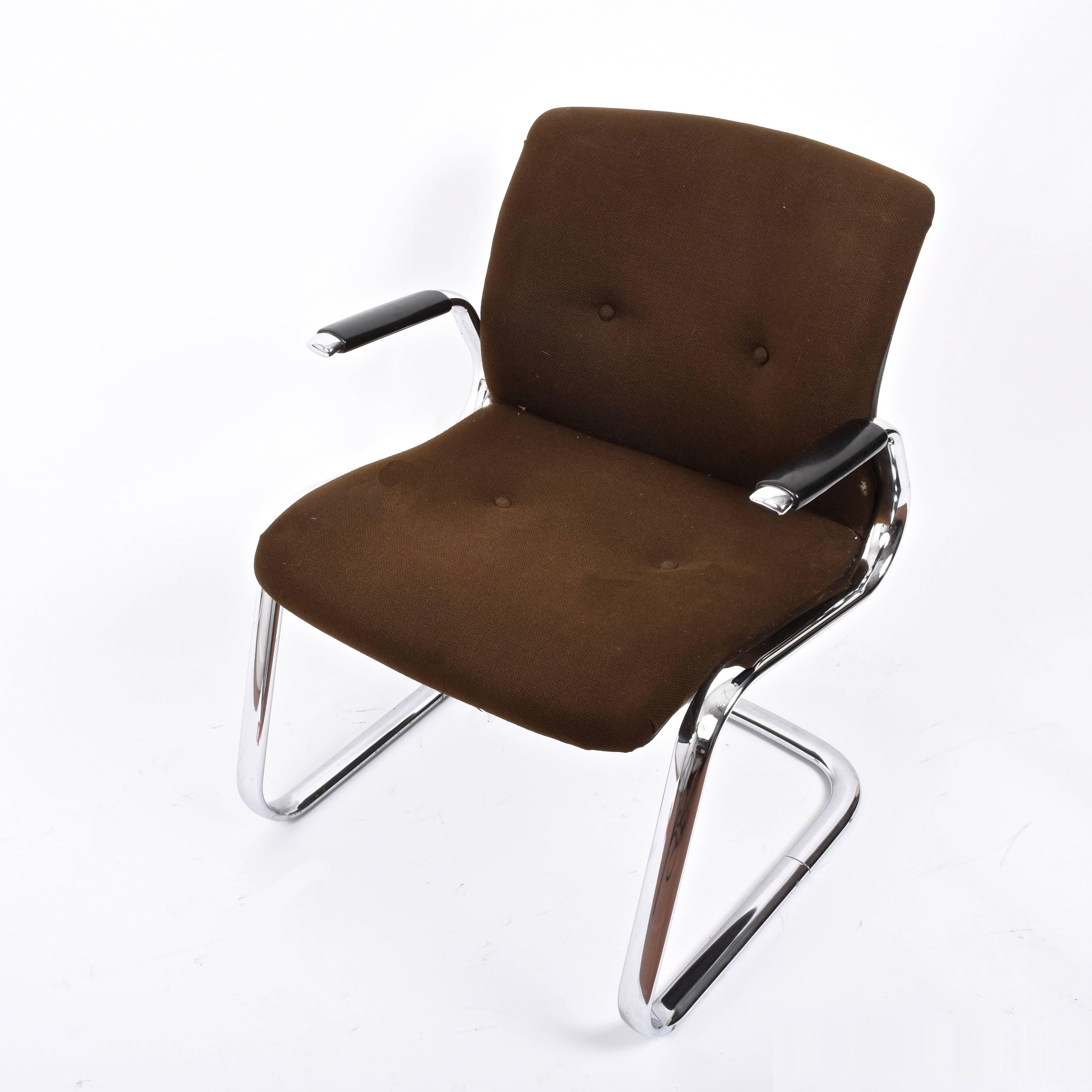Steelcase Midcentury Chromed Steel and Brown Fabric American Armchairs, 1980s 4
