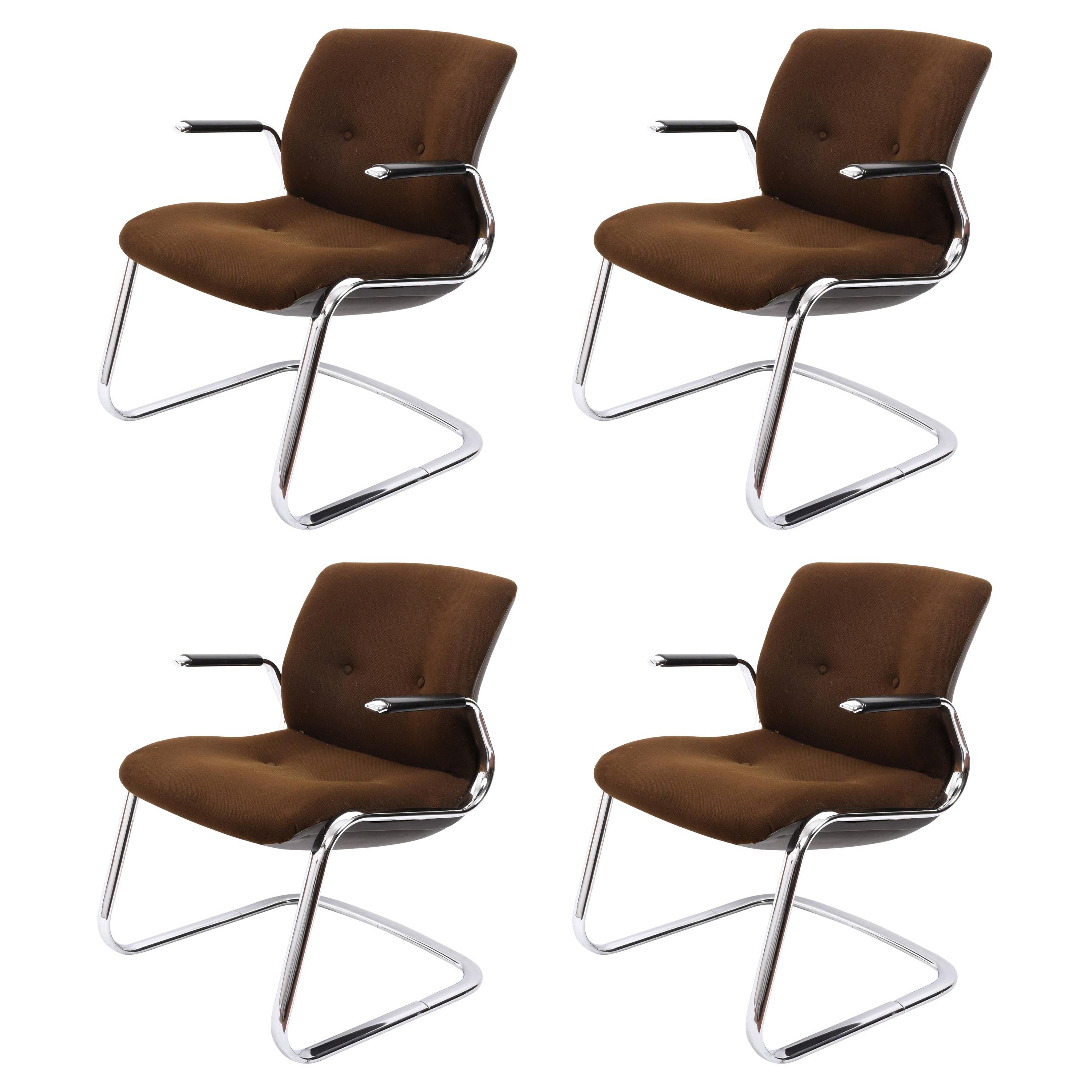 Steelcase Midcentury Chromed Steel and Brown Fabric American Armchairs, 1980s