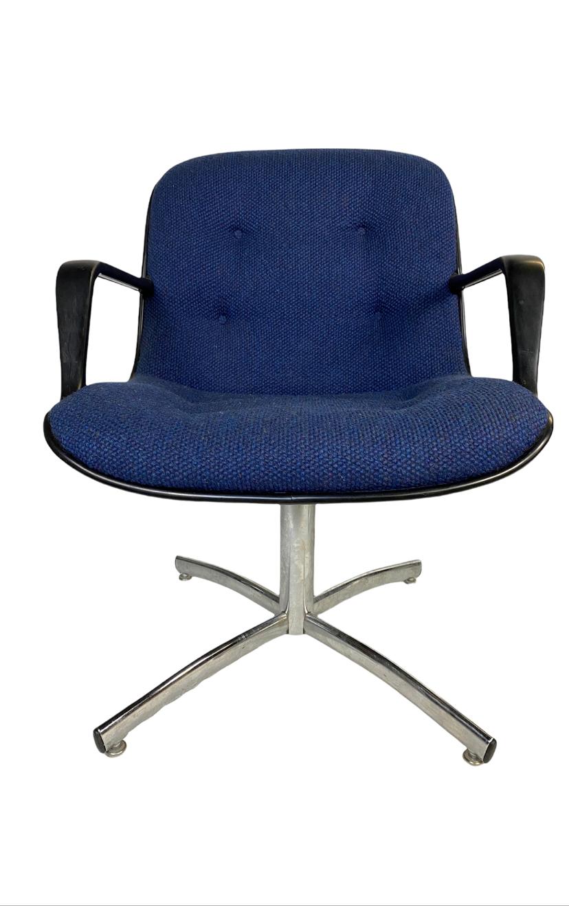 Steelcase executive armchair desk chair with label on bottom from 1978. Blue tweed upholstery, dark gray plastic shell exterior, on chrome pedestal and four star base. The chairs are in good, original condition, showing only light cosmetic wear,