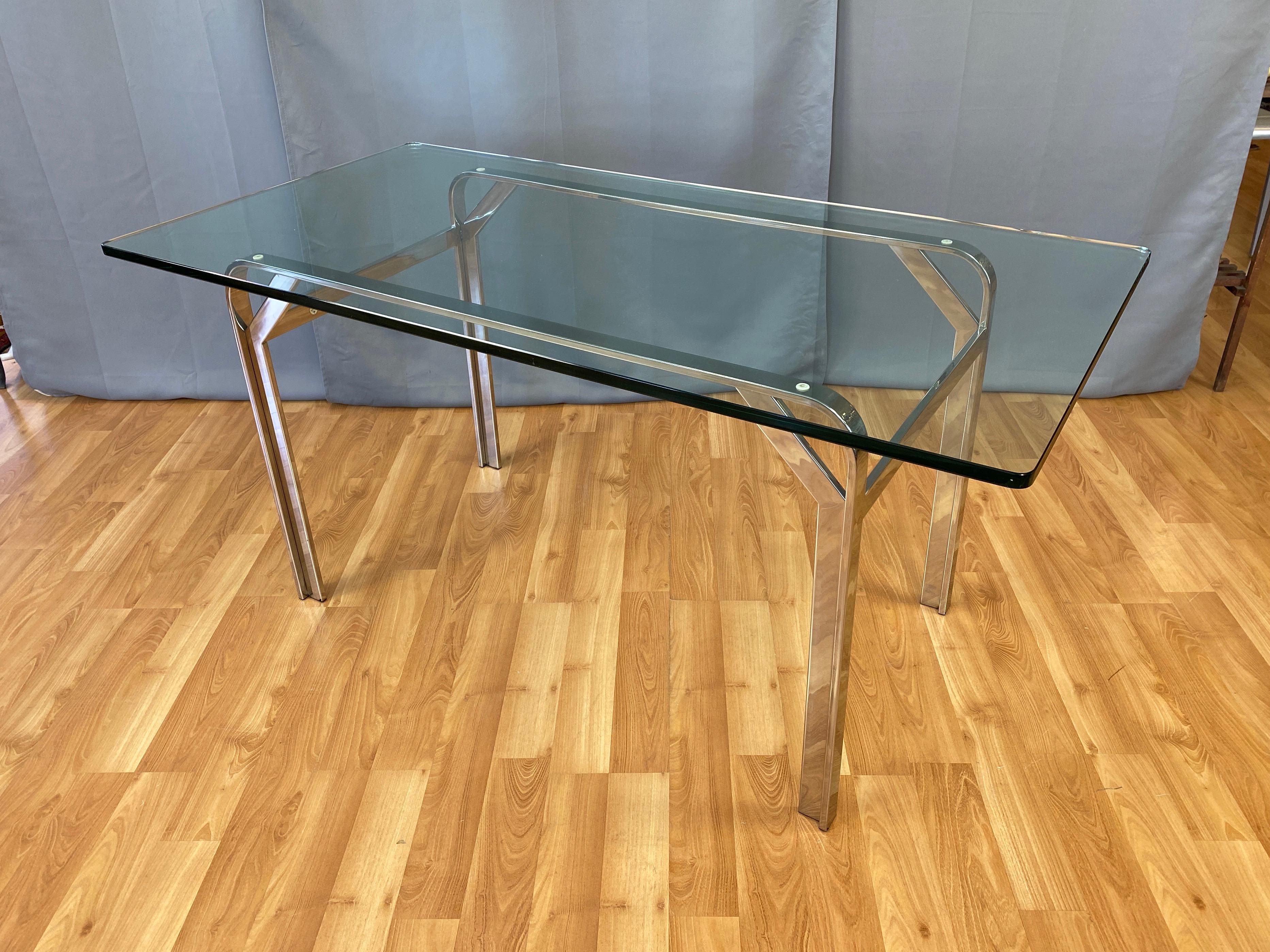Steelcase Polished Nickel-Plated Steel Desk or Table with Glass Top, 1970s 9