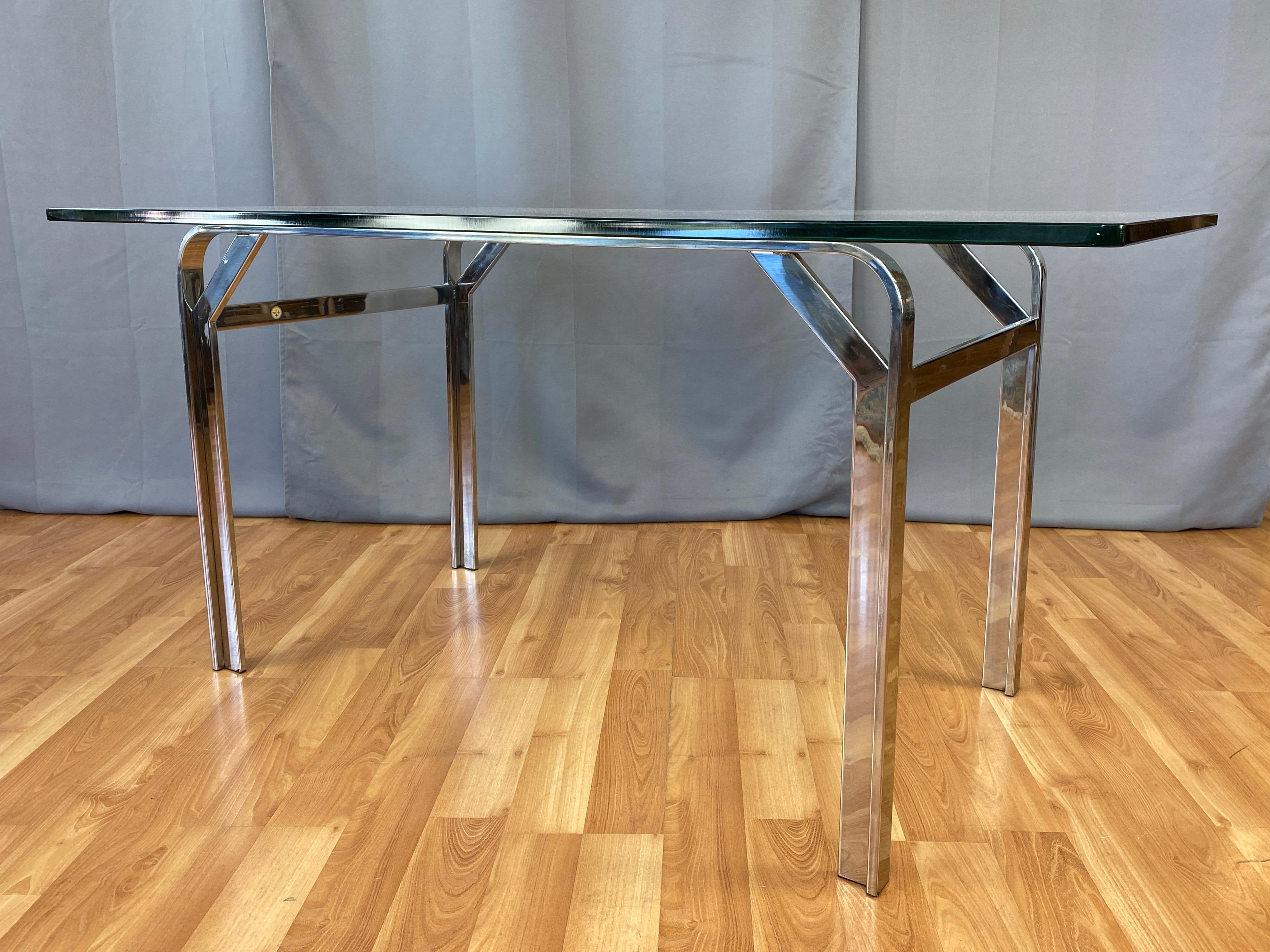 Mid-Century Modern Steelcase Polished Nickel-Plated Steel Desk or Table with Glass Top, 1970s