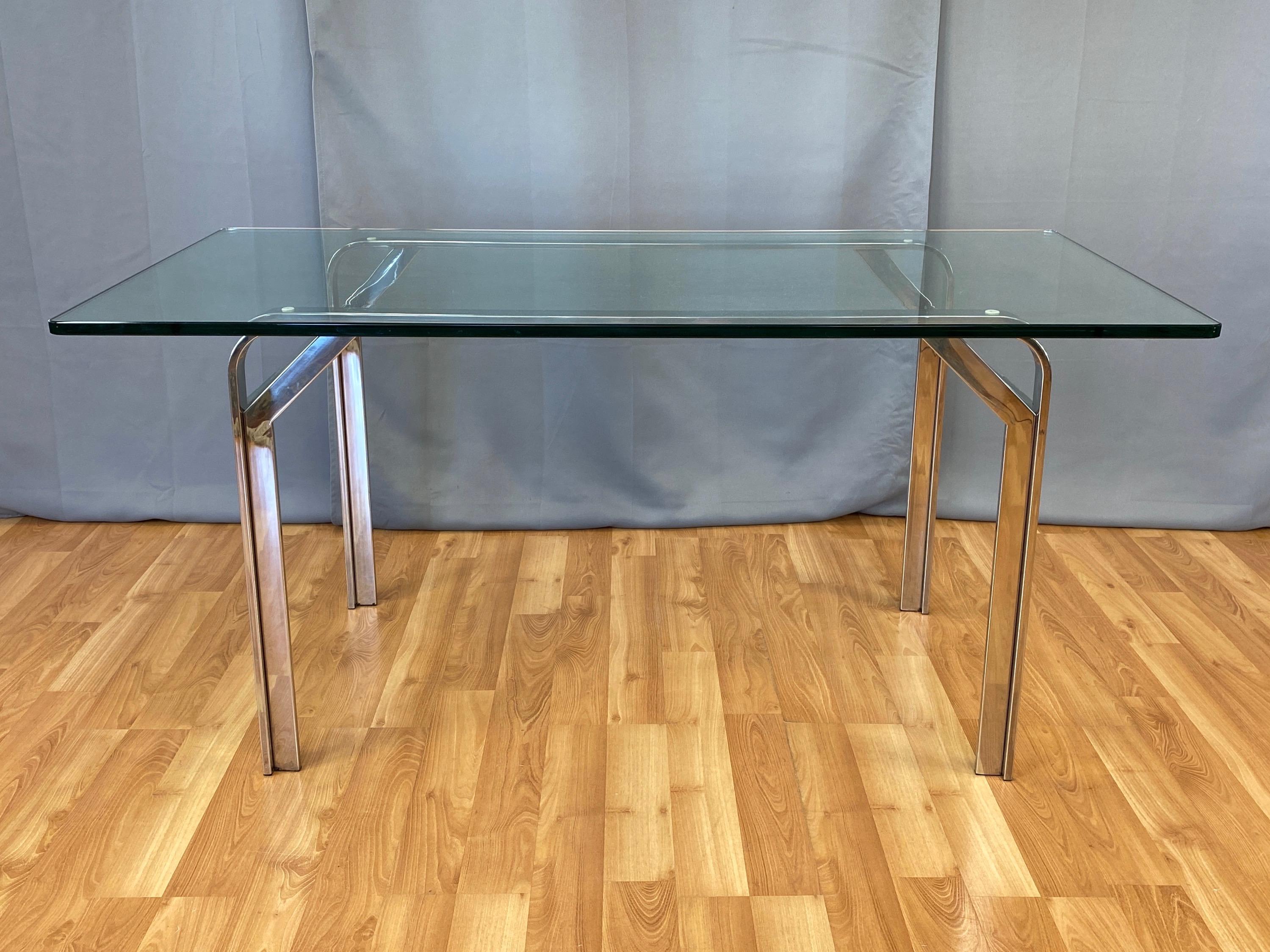 Beveled Steelcase Polished Nickel-Plated Steel Desk or Table with Glass Top, 1970s