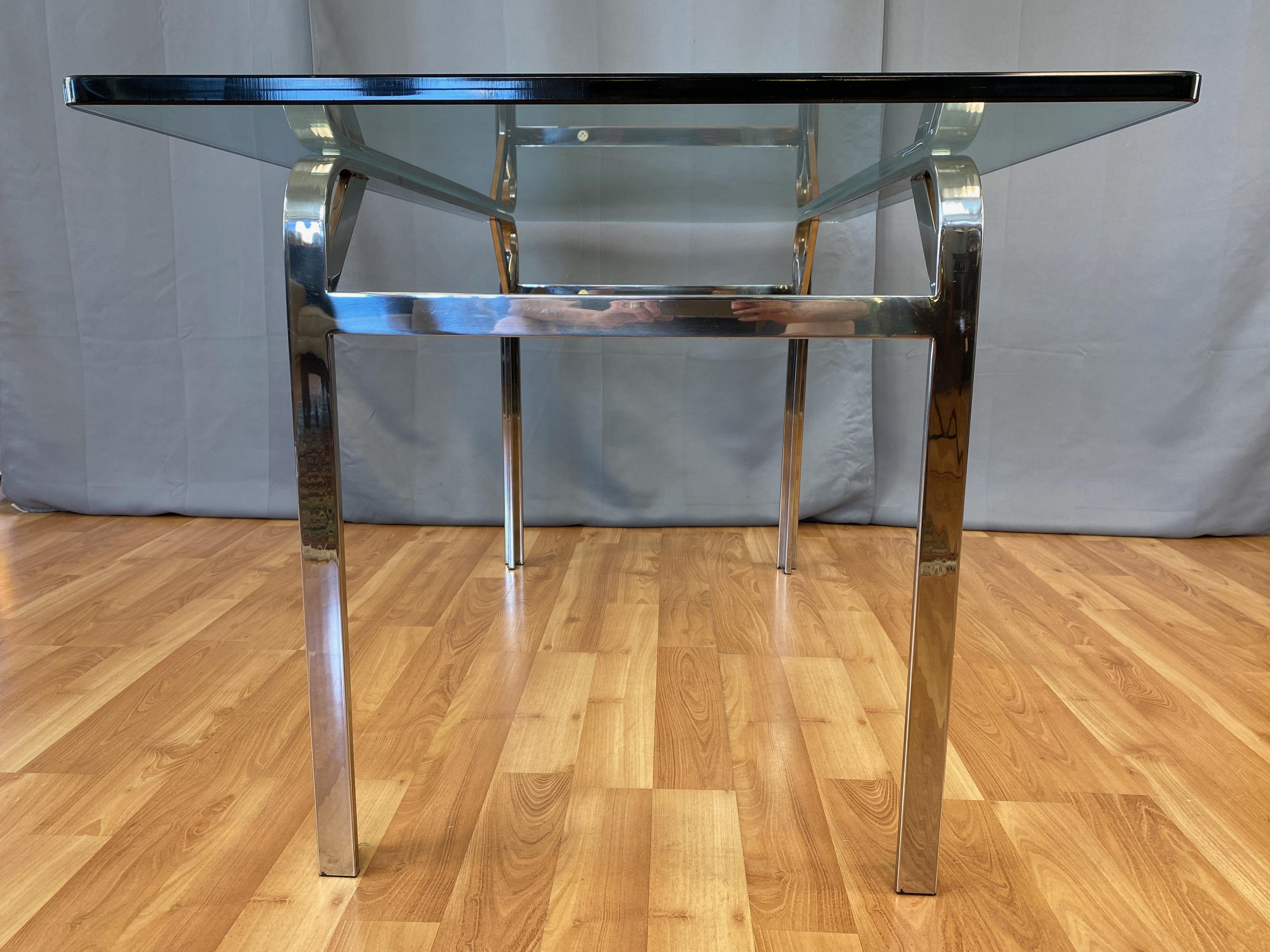 Stainless Steel Steelcase Polished Nickel-Plated Steel Desk or Table with Glass Top, 1970s