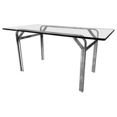 Retro Steelcase Polished Nickel-Plated Steel Desk or Table with Glass Top, 1970s
