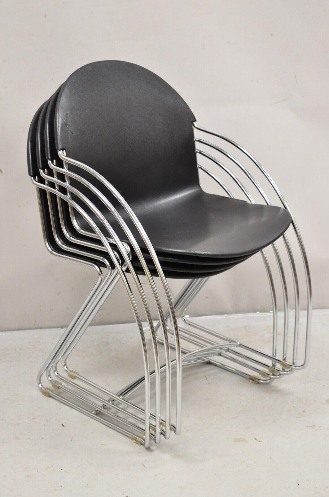 Steelcase Tom Grasman Chrome Frame Black Molded Plastic Stackable Chair Set of 4 For Sale 6