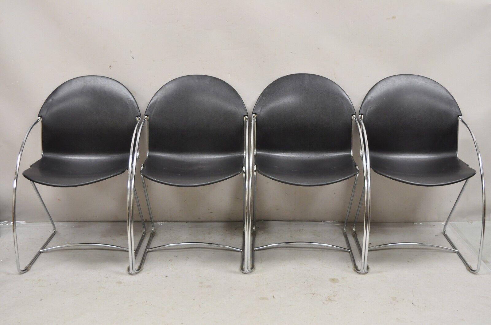 Steelcase Tom Grasman Chrome Frame Black Molded Plastic Stackable Chair Set of 4 For Sale 7