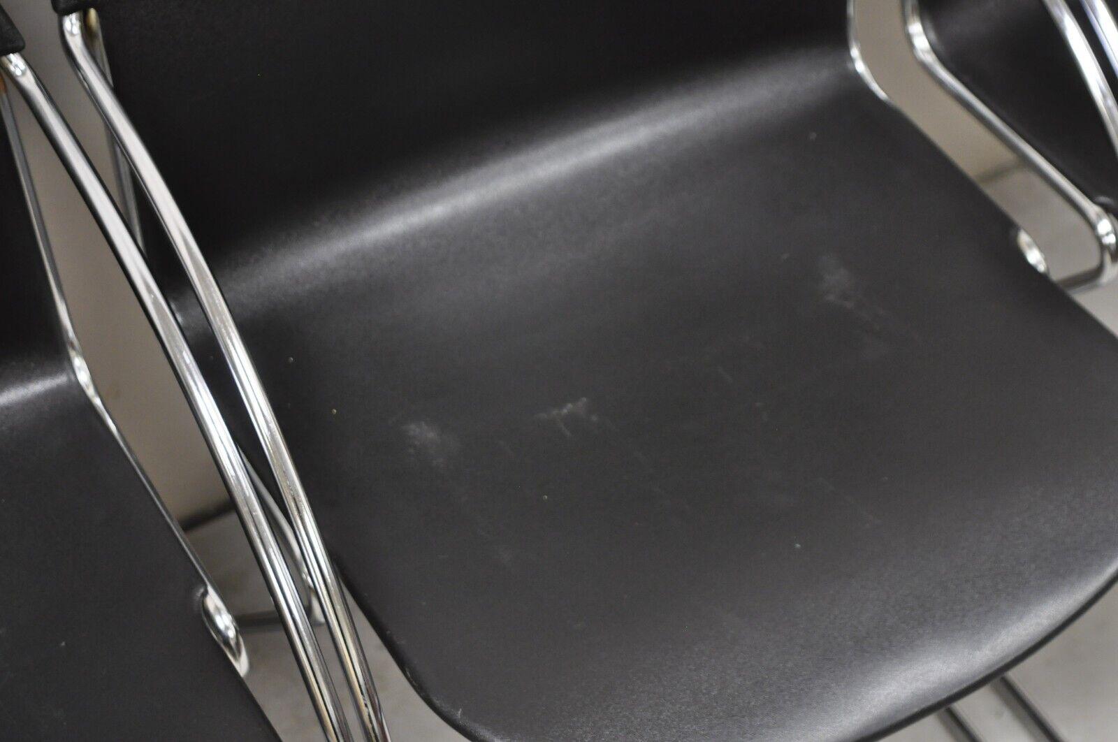 Steelcase Tom Grasman Chrome Frame Black Molded Plastic Stackable Chair Set of 4 For Sale 2