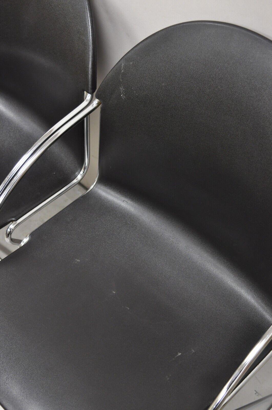 Steelcase Tom Grasman Chrome Frame Black Molded Plastic Stackable Chair Set of 4 For Sale 3