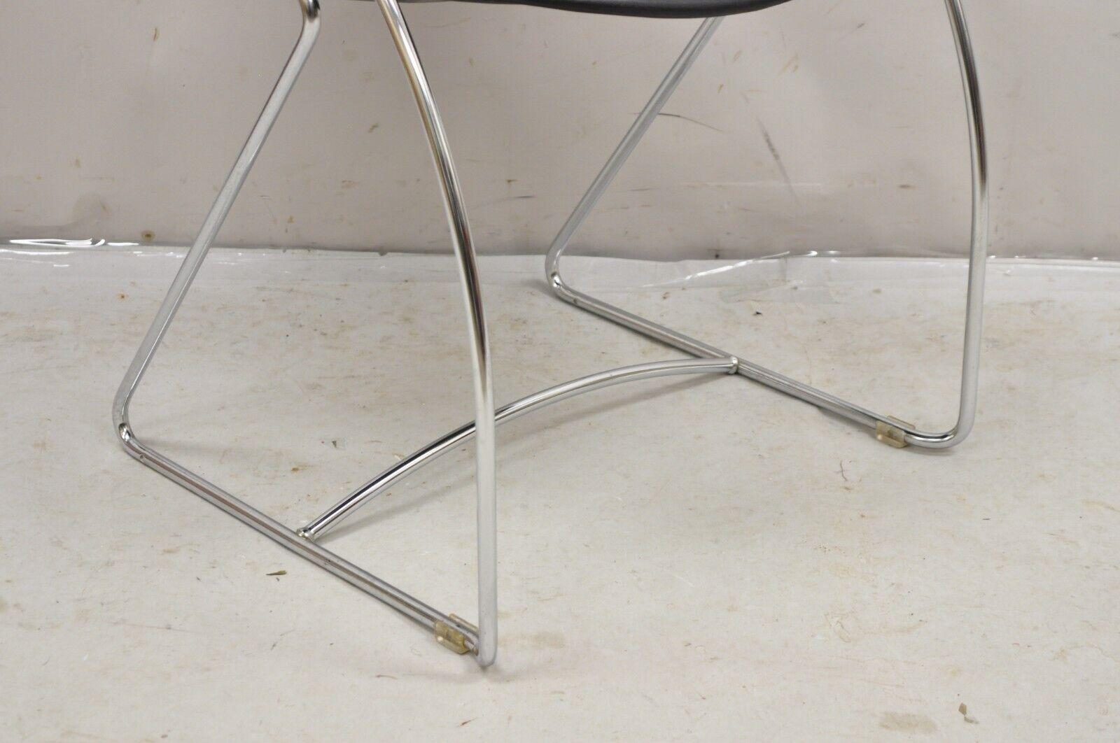 Steelcase Tom Grasman Chrome Frame Black Molded Plastic Stackable Chair Set of 4 For Sale 4
