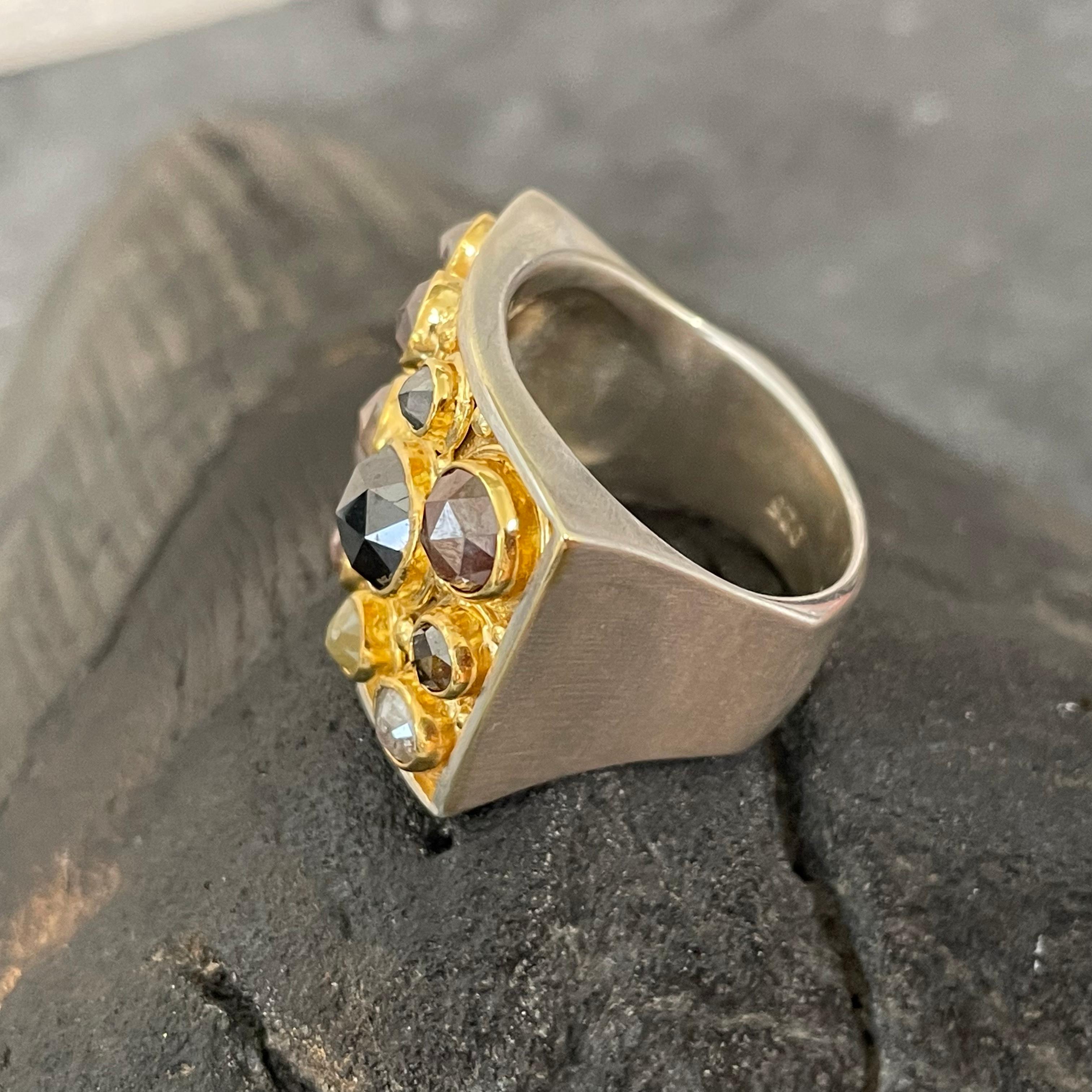Steven Battelle 3.4 Carats Multi Colored Diamonds Silver and Gold Cocktail Ring In New Condition For Sale In Soquel, CA