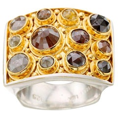 Steen Battelle 3.4 Carats Multi Colored Diamonds Silver and Gold Cocktail Ring