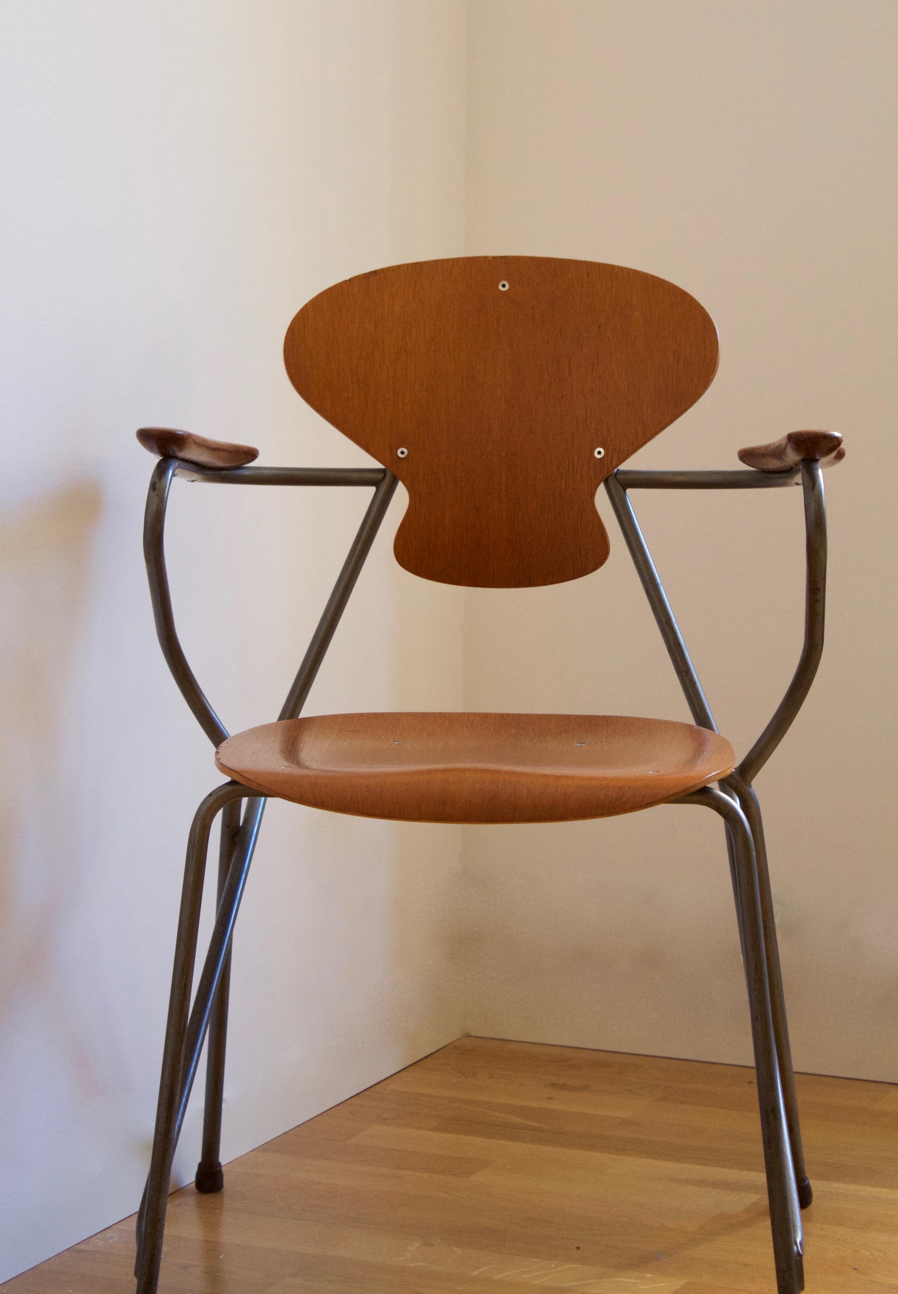 Mid-Century Modern Steen Eiler Rasmussen, Armchair from Rungsted Skole, Metal, Oak, Denmark, 1954 For Sale