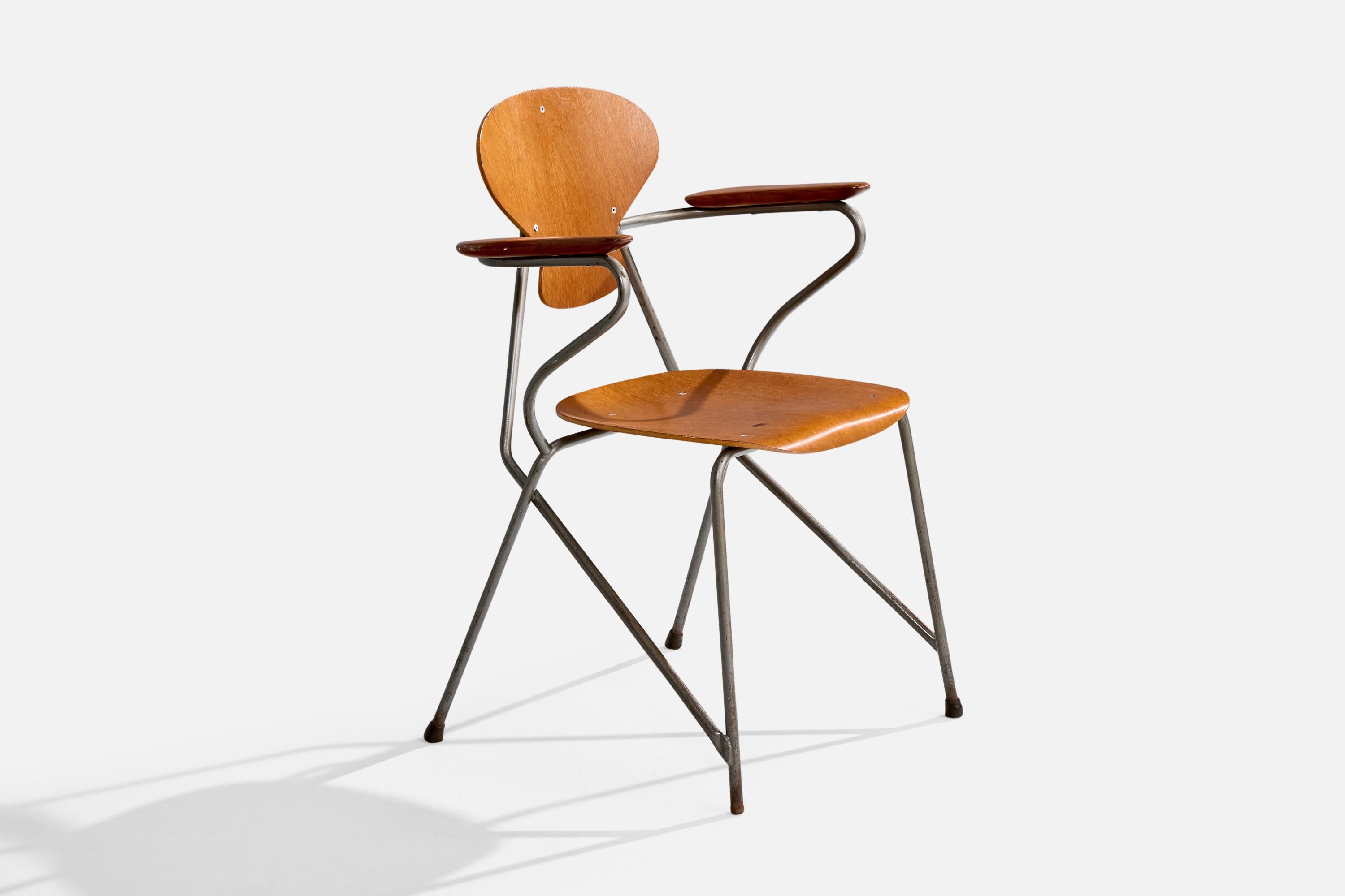 Mid-Century Modern Steen Eiler Rasmussen, Armchair, Metal, Oak, Denmark, 1954 For Sale
