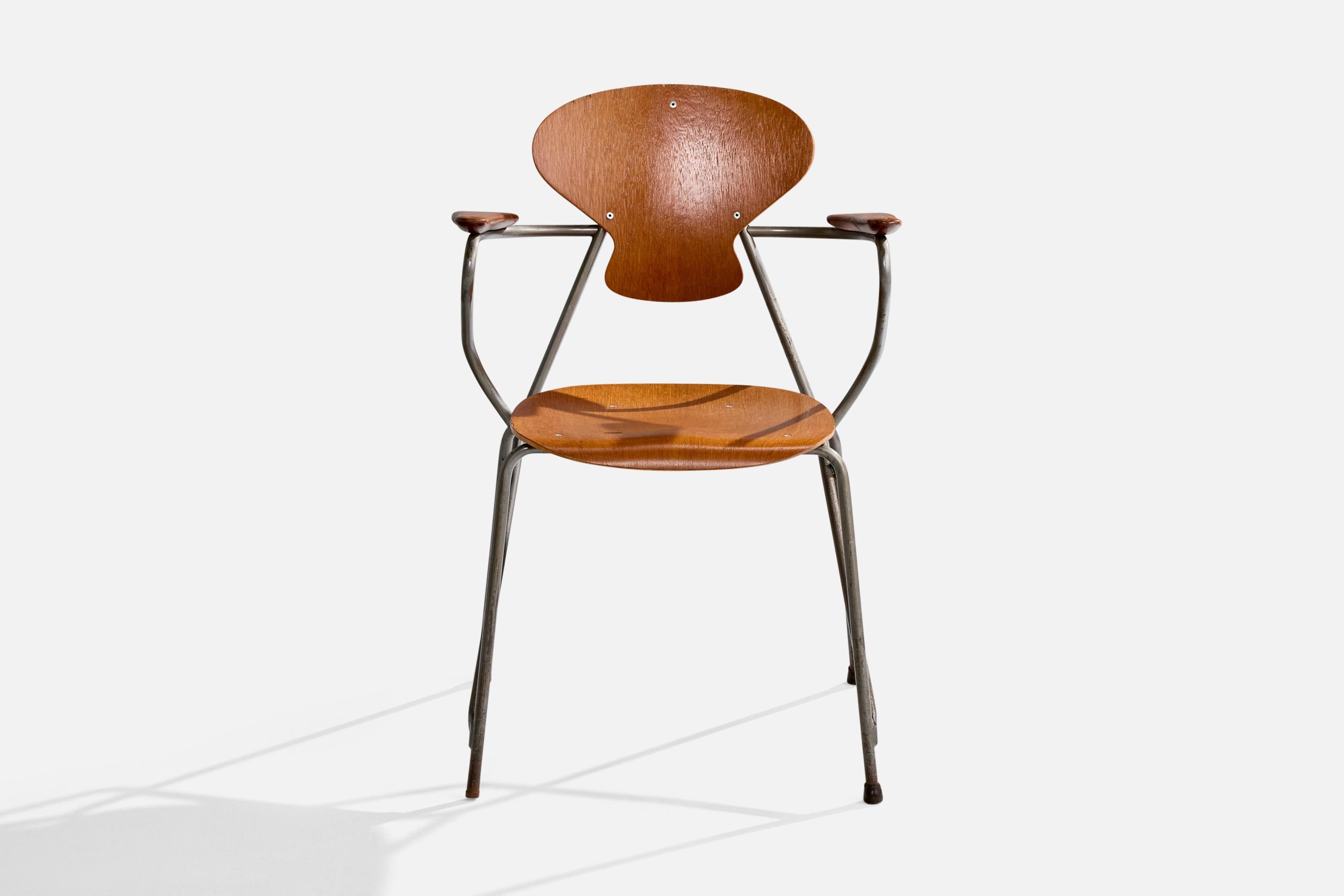 Danish Steen Eiler Rasmussen, Armchair, Metal, Oak, Denmark, 1954 For Sale