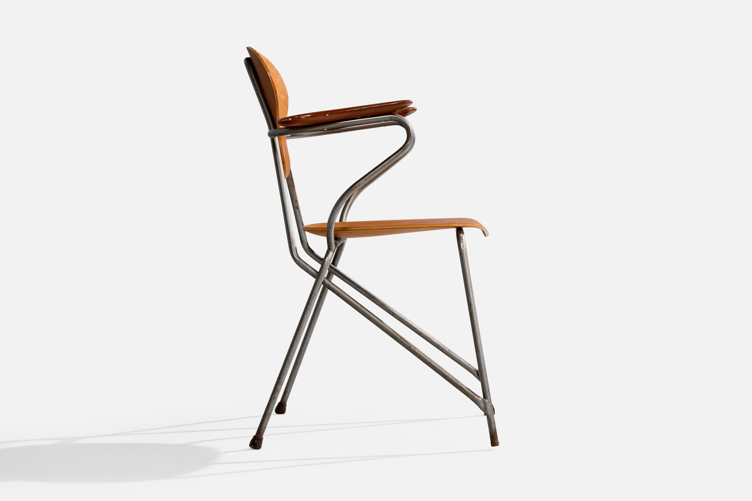 Mid-20th Century Steen Eiler Rasmussen, Armchair, Metal, Oak, Denmark, 1954 For Sale