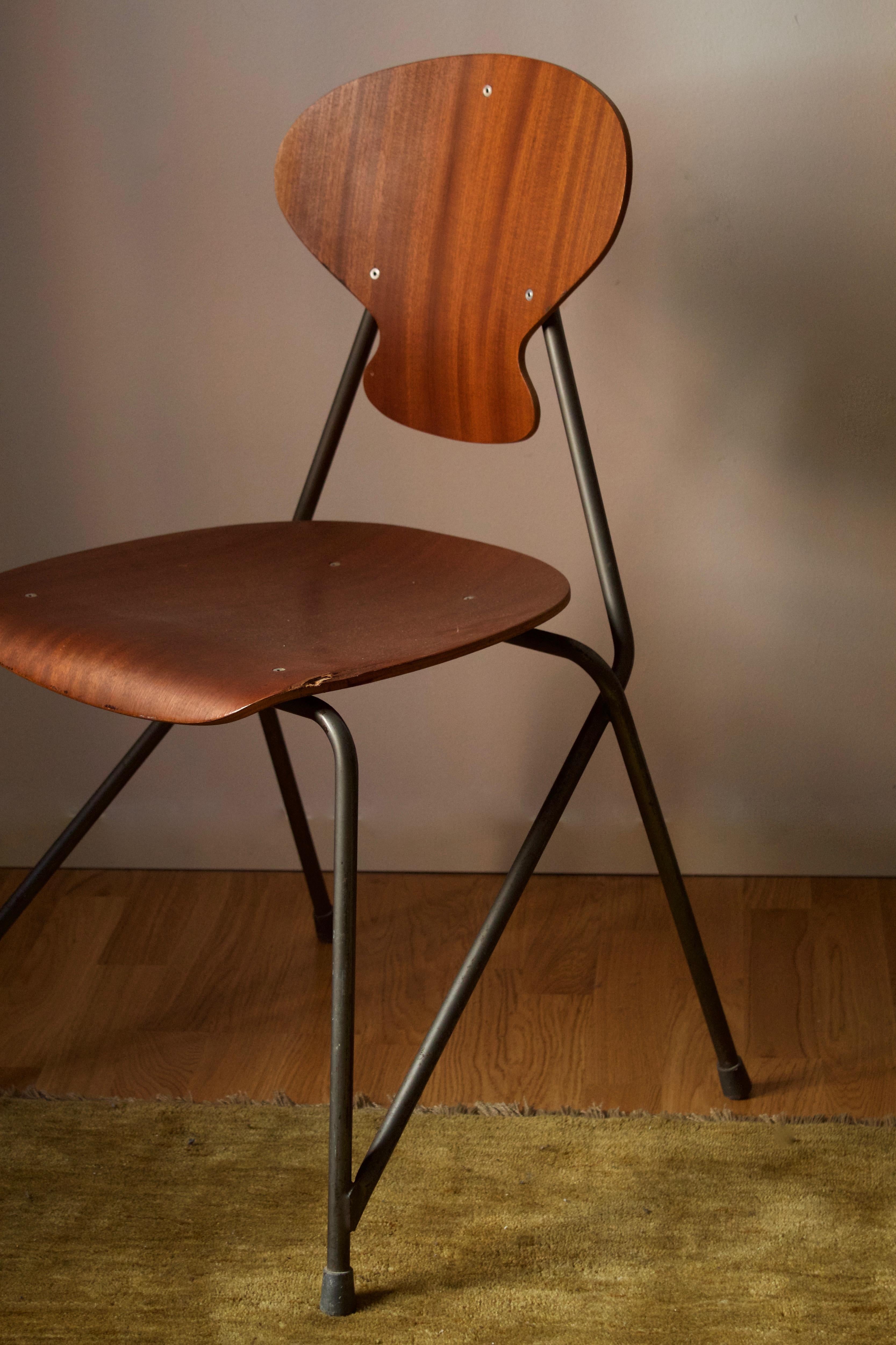 Mid-Century Modern Steen Eiler Rasmussen, Side Chair from Rungsted Skole, Metal, Oak, Denmark, 1954 For Sale