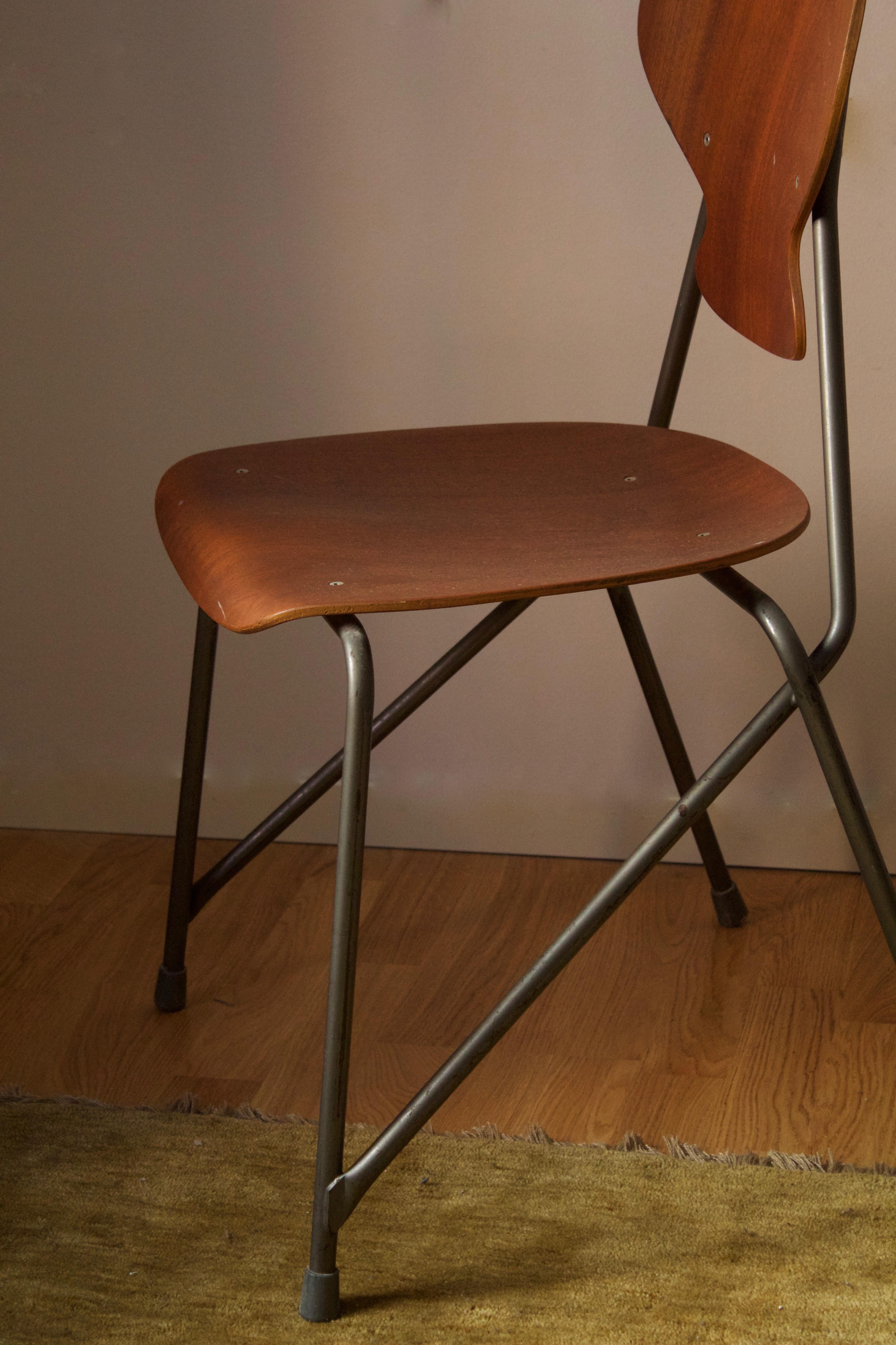Steen Eiler Rasmussen, Side Chair from Rungsted Skole, Metal, Oak, Denmark, 1954 In Fair Condition For Sale In High Point, NC