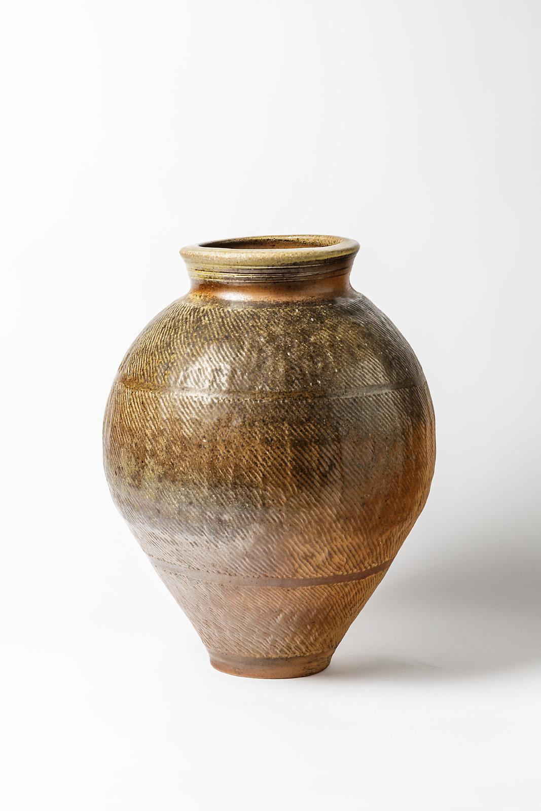 Mid-Century Modern Grand vase de sol en céramique marron en grès Steen Kepp, La Borne Design, 1975 en vente