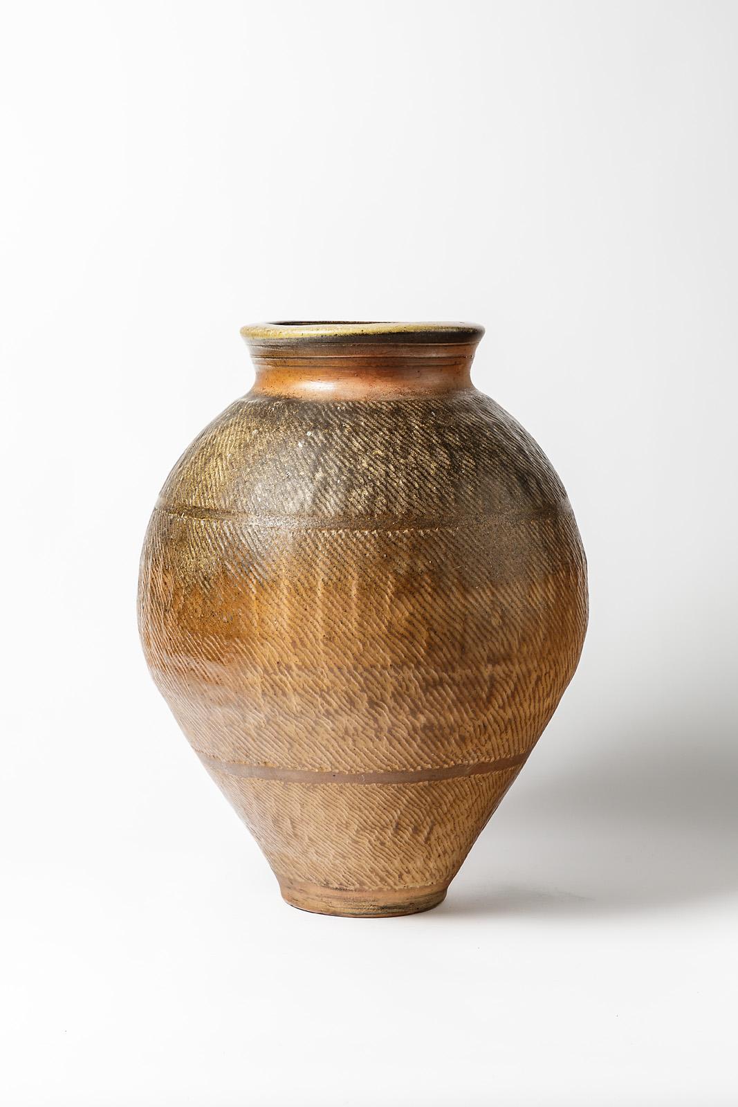 Français Grand vase de sol en céramique marron en grès Steen Kepp, La Borne Design, 1975 en vente