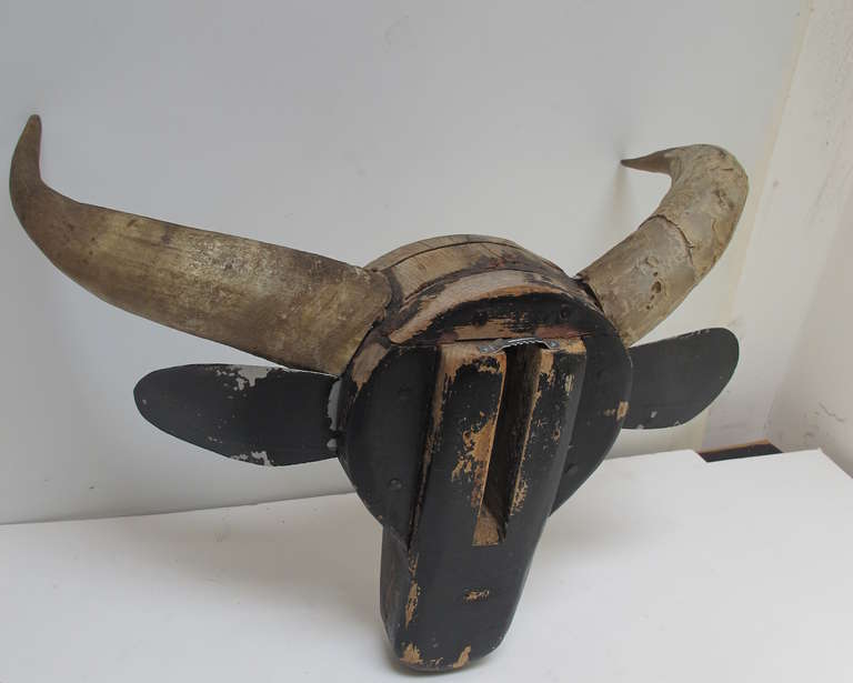 Wood Steer Head Barn Folk Sculpture For Sale